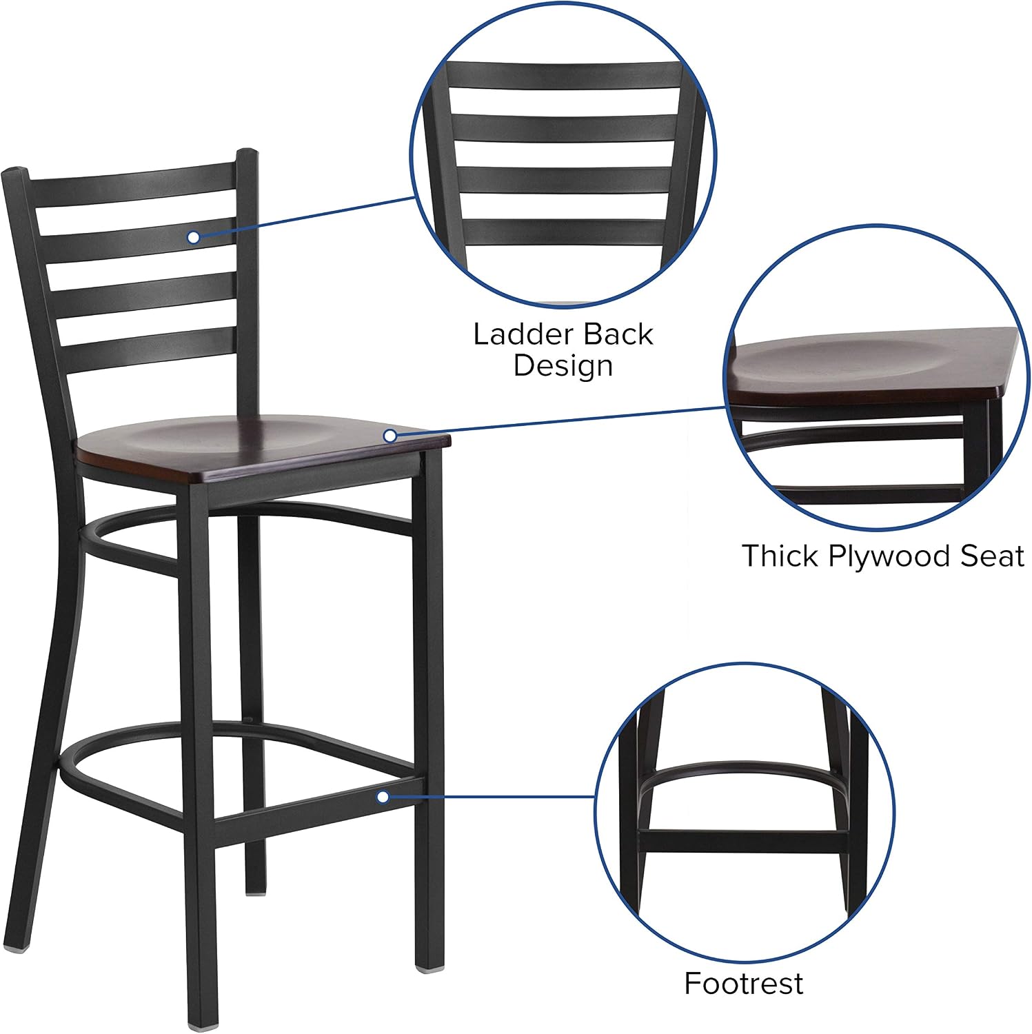 Flash Furniture Hercules Series Ladder Back Metal Restaurant Barstool, Modern Upholstered Armless Bar Height Chair for Restaurants and Kitchens, Black | Vinyl Upholstery, Durable Construction, Commercial Use