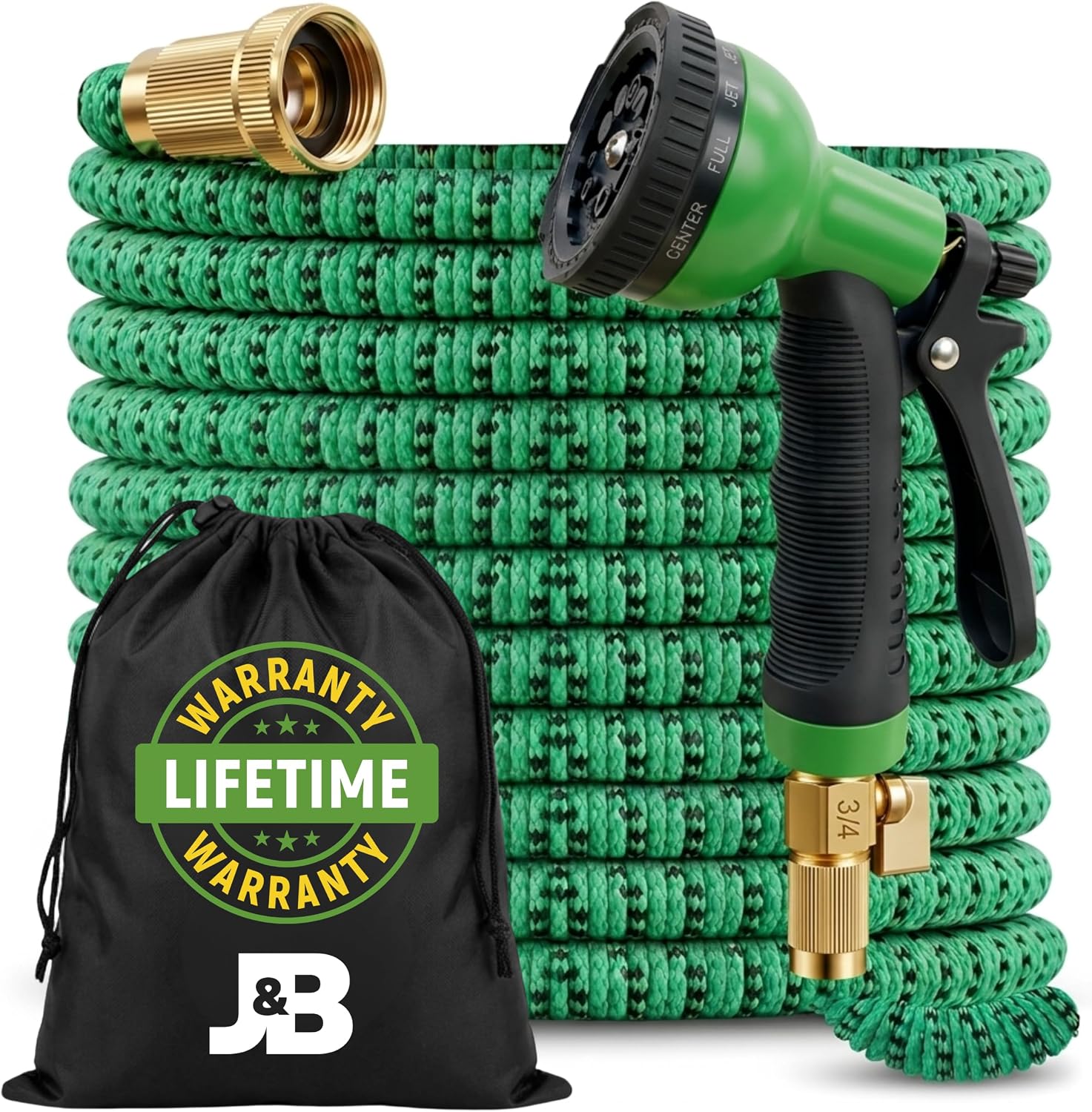 J&B XpandaHose 75ft Expandable Garden Hose, Lightweight, Brass Connectors | Ultra Strong 3750D fabric, 4-layer latex core, expands 3X, kink & leak-resistant, 10-pattern nozzle, storage bag