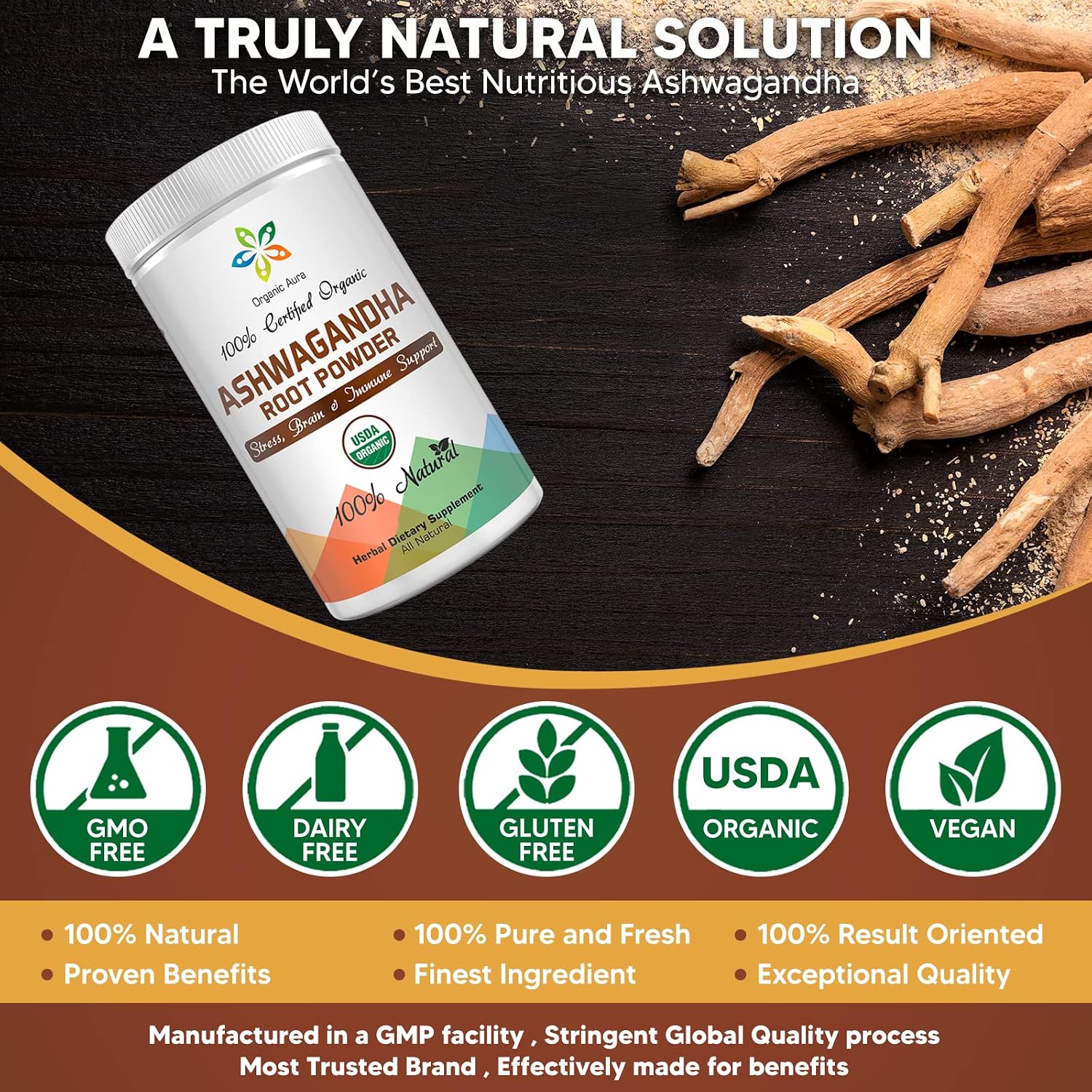Certified Organic Ashwagandha Root Powder 16Oz -1Lb. Natural Stress, Brain and Immune Support. Enhances Overall Health. Raw Superfood. 100% Natural Herbal