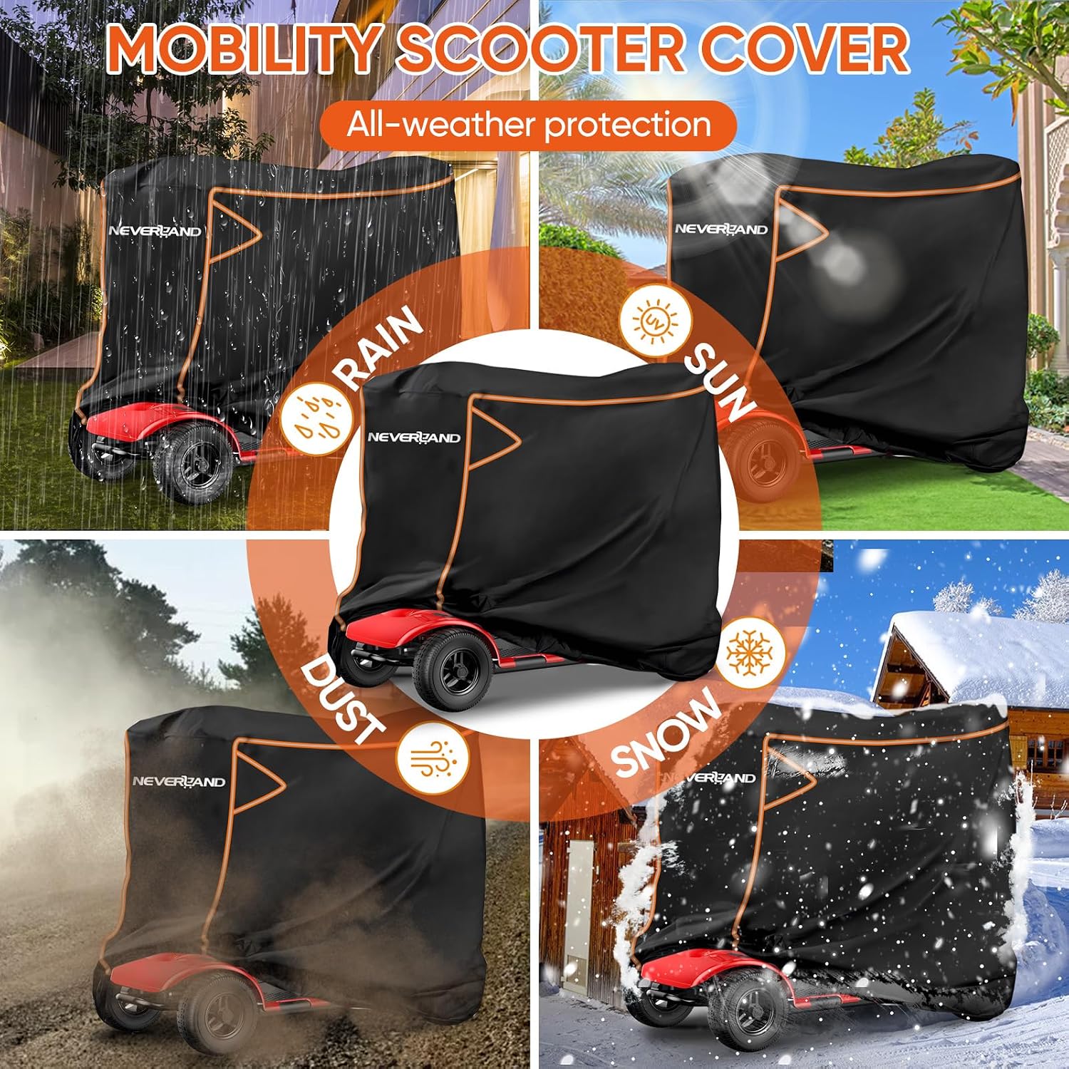 NEVERLAND Mobility Scooter Cover Waterproof 56"L x 26"W x 38"H | Reflective Strips, Adjustable Buckles, UV Protection, Rainproof, for Pride GoGo Rascal Hamar 3 or 4 Wheel Scooter