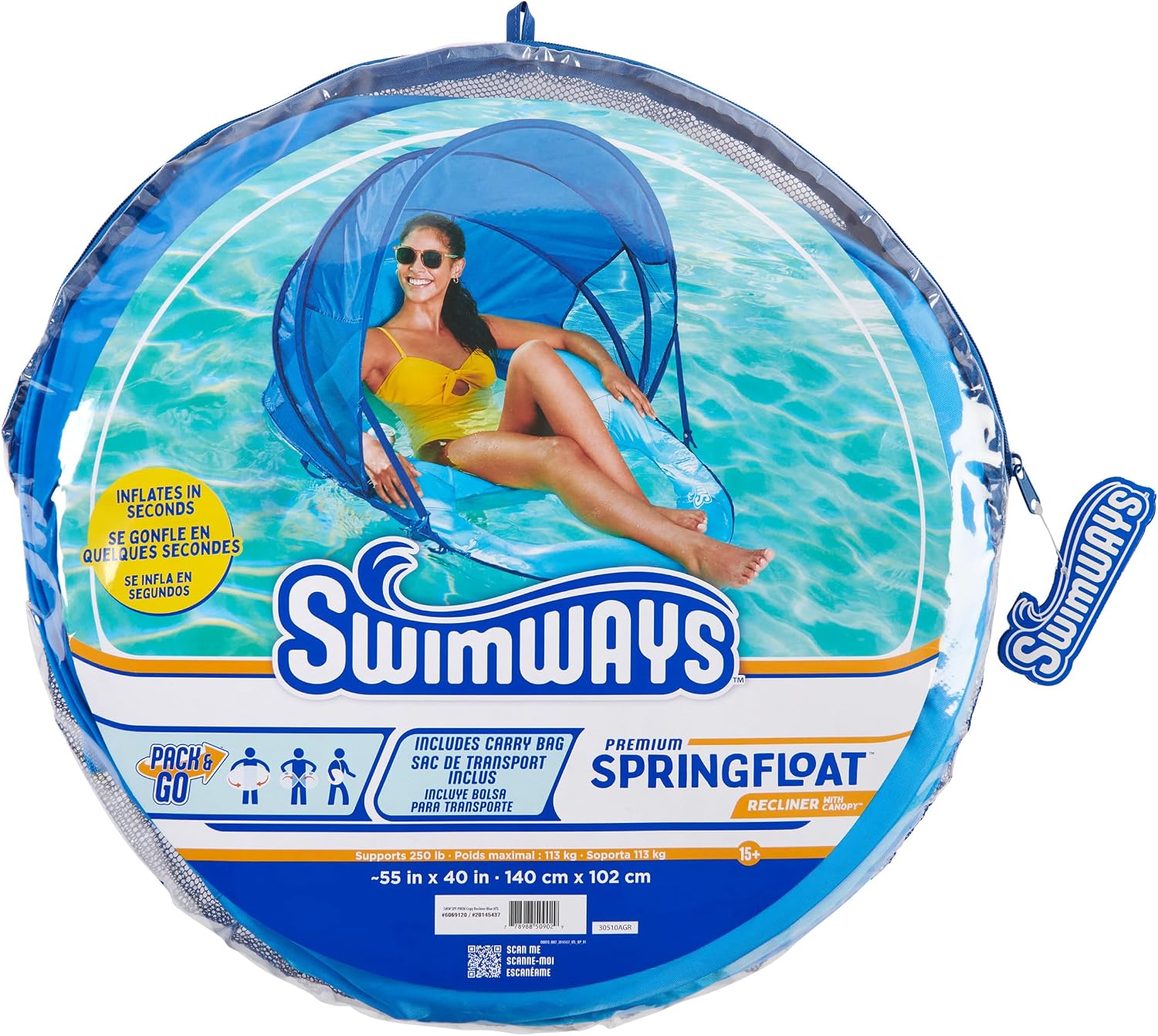 SwimWays Spring Float Recliner Chair for Swimming Pool, Inflatable Pool Floats Adult with Fast Inflation, Cup Holder & Foot Rest for Ages 15 & Up