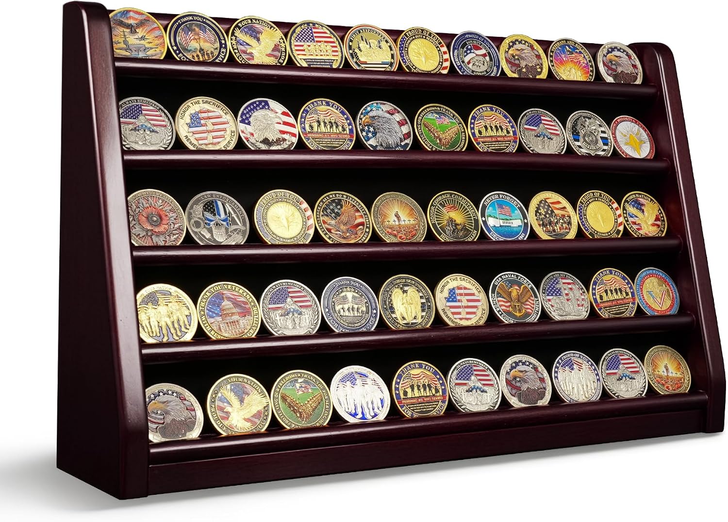 ASmileIndeep 3 Rows Wooden Challenge Coin Wall Display Stand - Military Coin Holder Army Coins Rack, Holds 21-24 Coins, Mahogany