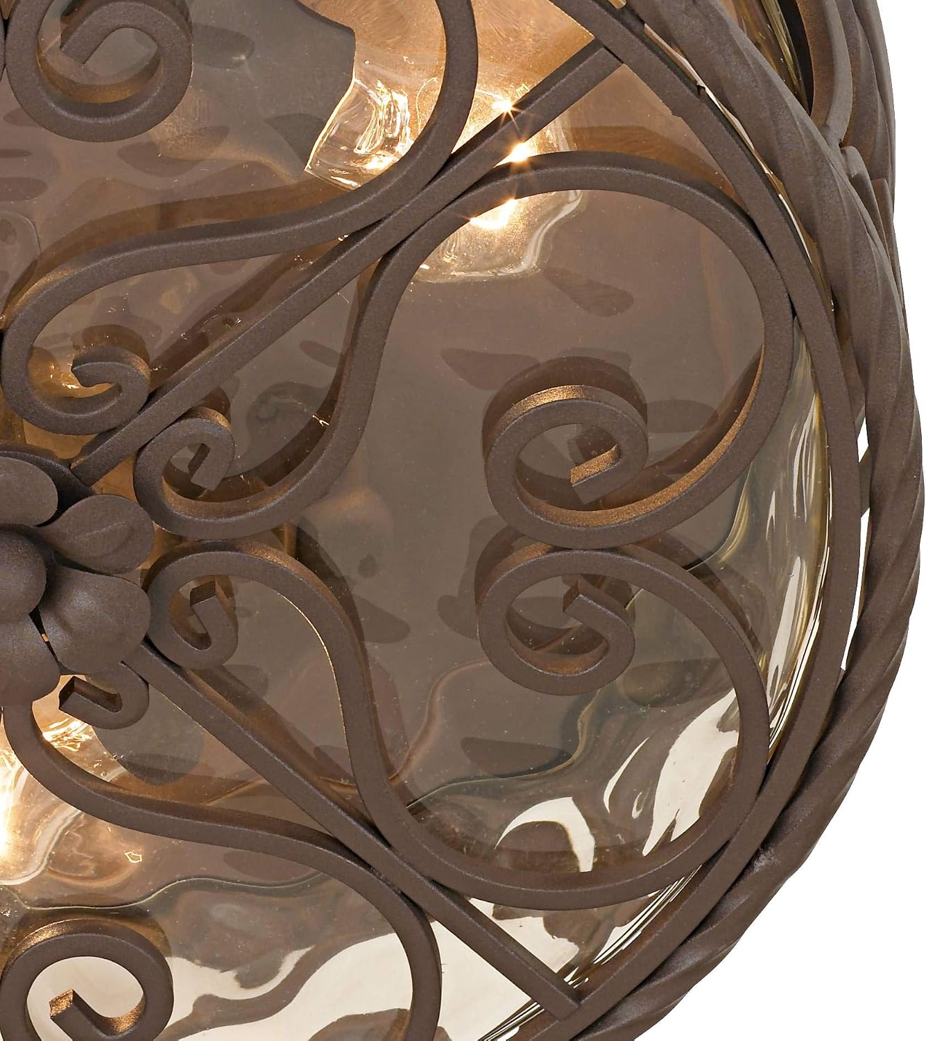 Casa Seville 12" Walnut Rustic Indoor-Outdoor Ceiling Light Fixture | Flush-Mount Dark Scroll Water Glass Damp Rated for Exterior House Porch Patio Outside Deck Garage Front Door Home