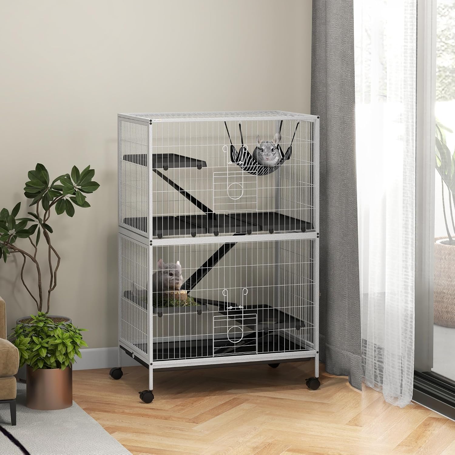 PawHut Metal Small Animal Cage, 4-Tiers Rolling Big Ferret Cage, Gray