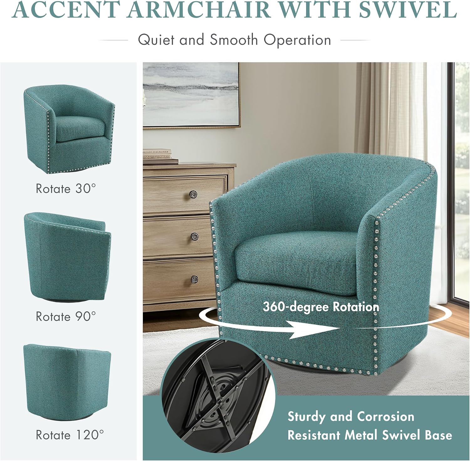 Madison Park Swivel Barrel Accent Chair, Upholstered Curved Back with 7-Inch Thick Woven Cushion, 360° Swivel, Nailhead Trim, Comfy Chair for Living Room, Bedroom, Office, 28" Wide, Neutral, Tyler