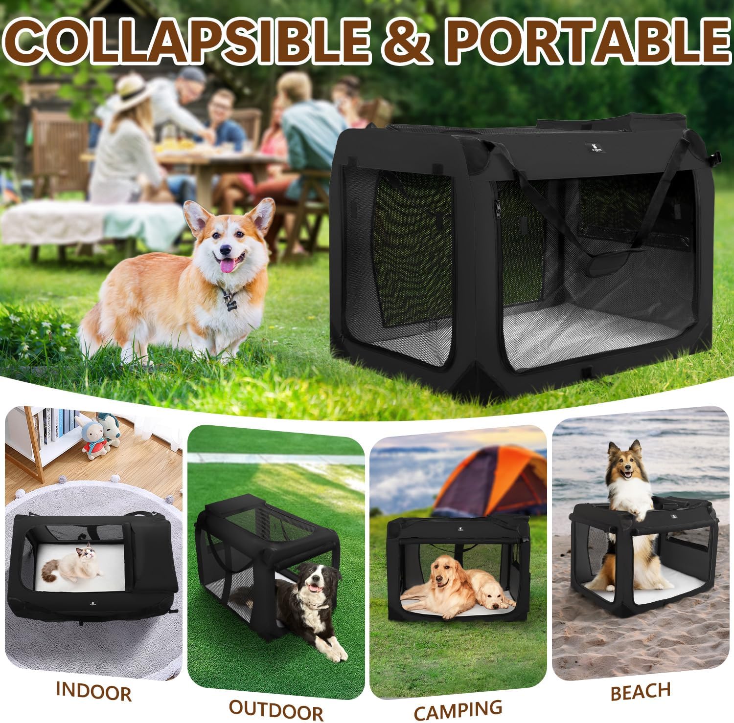 X-ZONE PET Dog Crate 3-Door Kennel, Collapsible Portable Soft Sided Pet Carriers for Indoor & Outdoor, Multiple (32-Inch, Carbon Black)