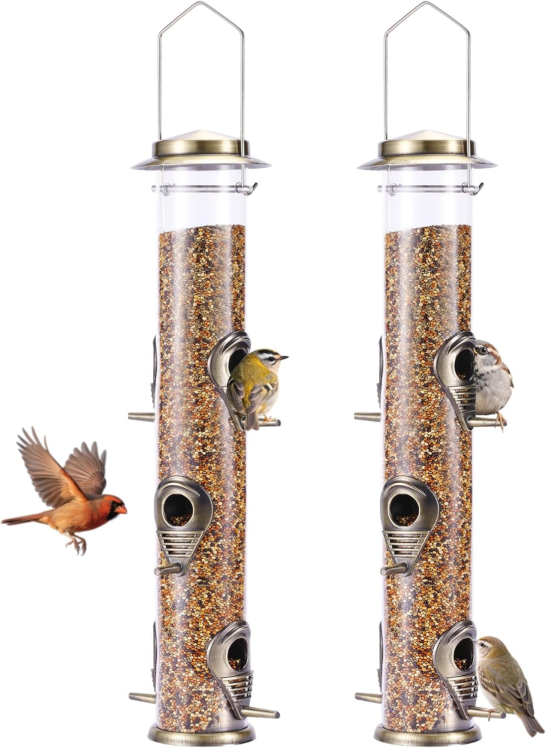 MIXXIDEA 1PK Metal Bird Feeders with 6 Feeding Ports, Tube Bird Feeder with Steel Hanger, Hard Plastic Wild Bird Feeder for Outdoors Hanging