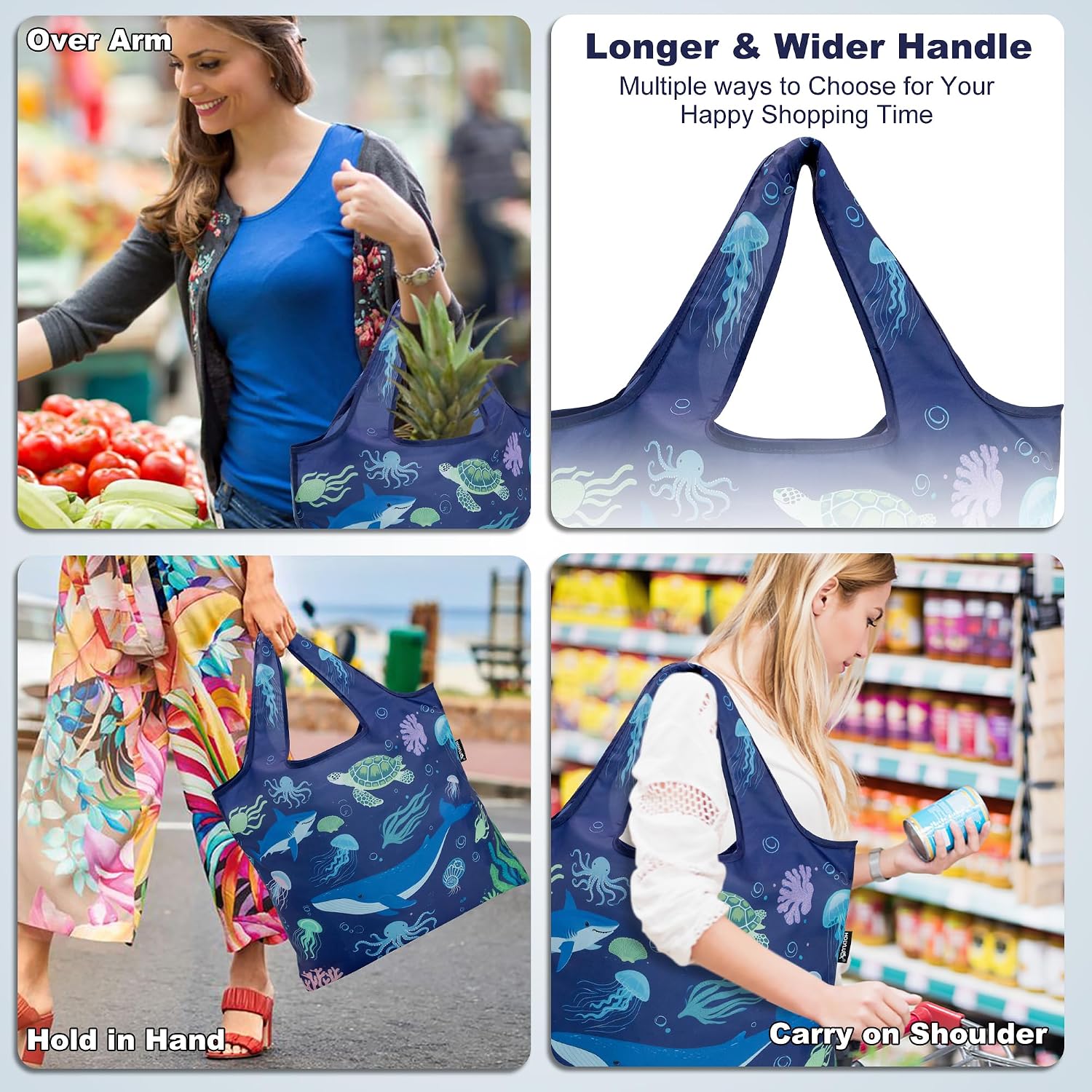 HOLYLUCK Reusable Grocery Bags,Heavy Duty Foldable Shopping Tote Bag (Standard, 3 Blue Geometric Flowers)