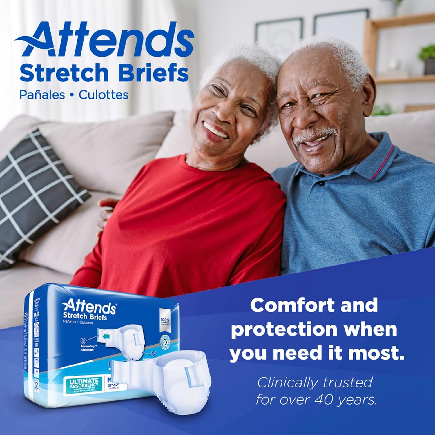 Attends Stretch Adult Incontinence Disposable Briefs, Large/X-Large, 40"-70" Waist with SecureGrip Tab Closure, Ultimate Absorbency with Dry-Lock Containment Core and Breathable Side Panels, 96ct Case