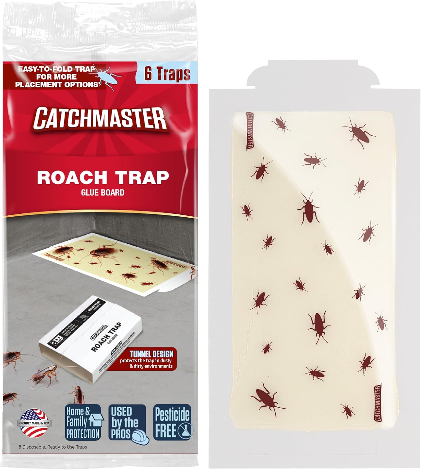 Catchmaster Roach Trap Glue Boards 6-Pk, Adhesive Bug Catcher, Insect & Roach Killer, Scorpion, Spider, Cricket, & Cockroach Traps for Home