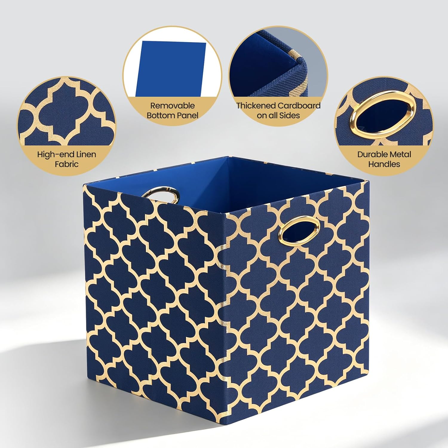 Posprica Storage Bins, Storage Cubes,13×13 Fabric Drawers Organizer Basket Boxes Containers (13×13×13/4pcs, Cream/gold geometry Pattern)