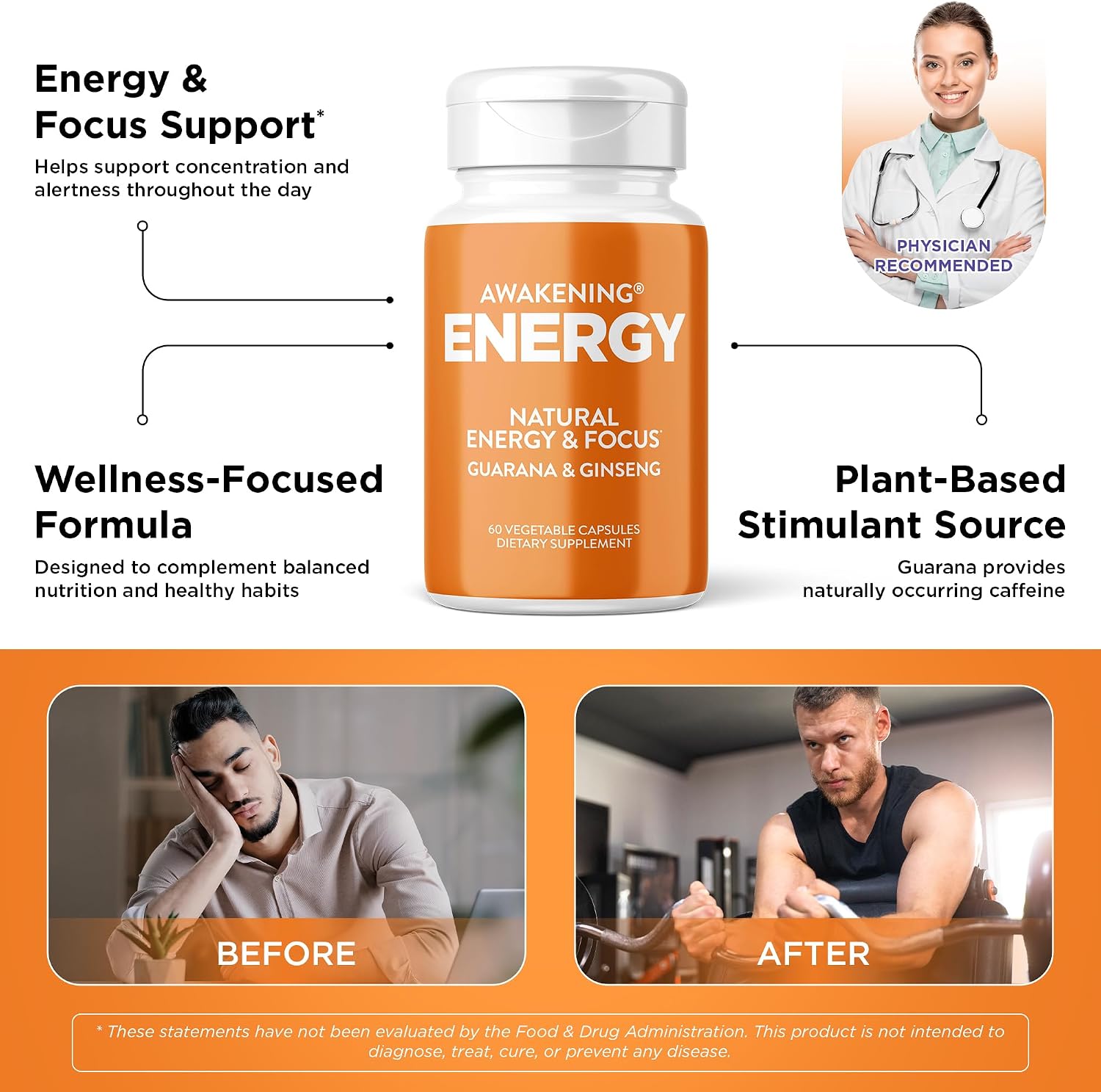 Awakening Natural Energy & Focus Supplement with Panax Ginseng, Guarana Extract & Chromium Picolinate | Brain Supplement for Focus, Energy