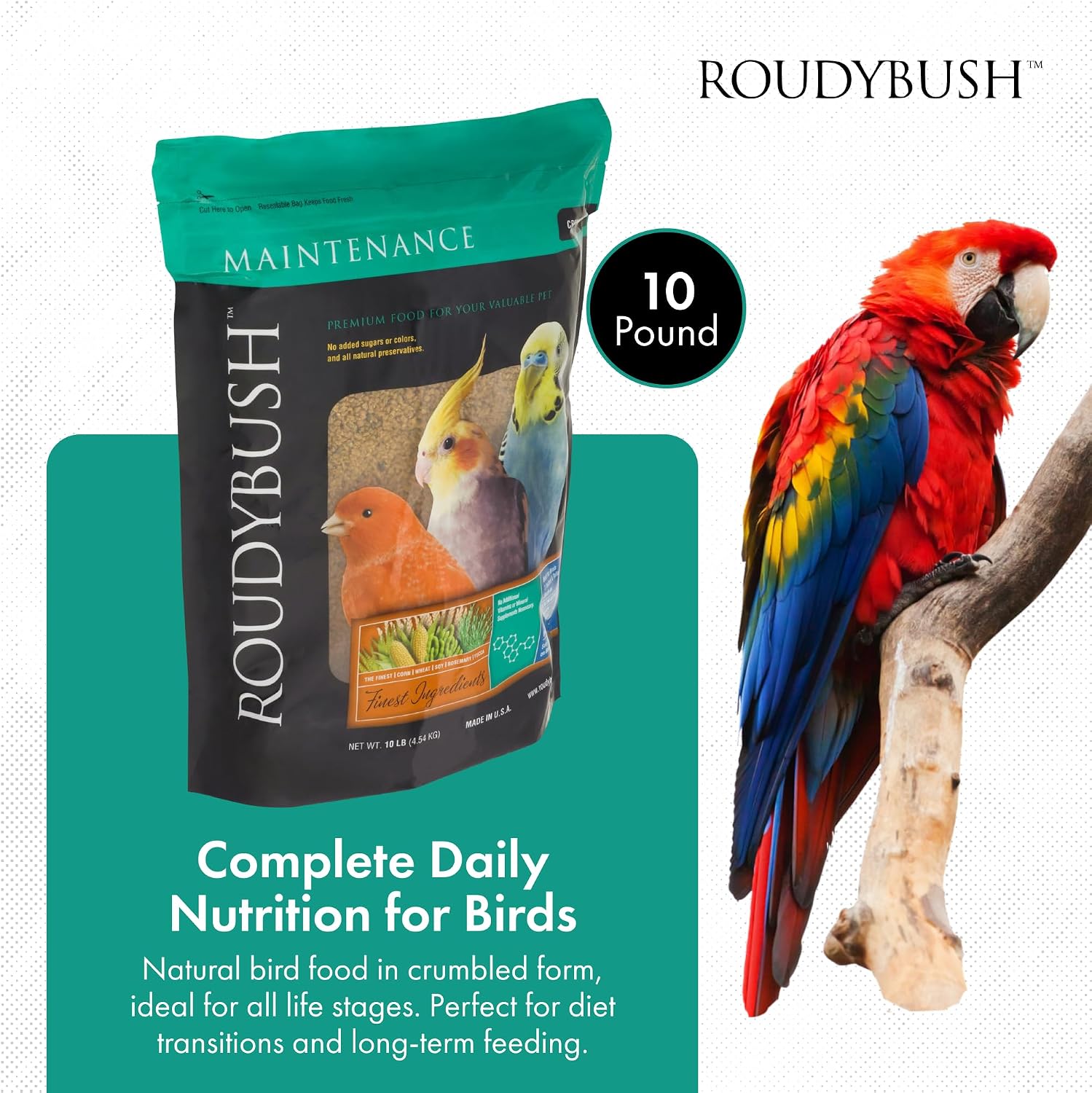 RoudyBush Daily Maintenance Food for Birds - Scientifically Formulated Bird Feed - Bird Food Pellets w/Corn, Wheat, Soy & More - Nutritious & Healthy Feed for Birds (Mini, 44oz)