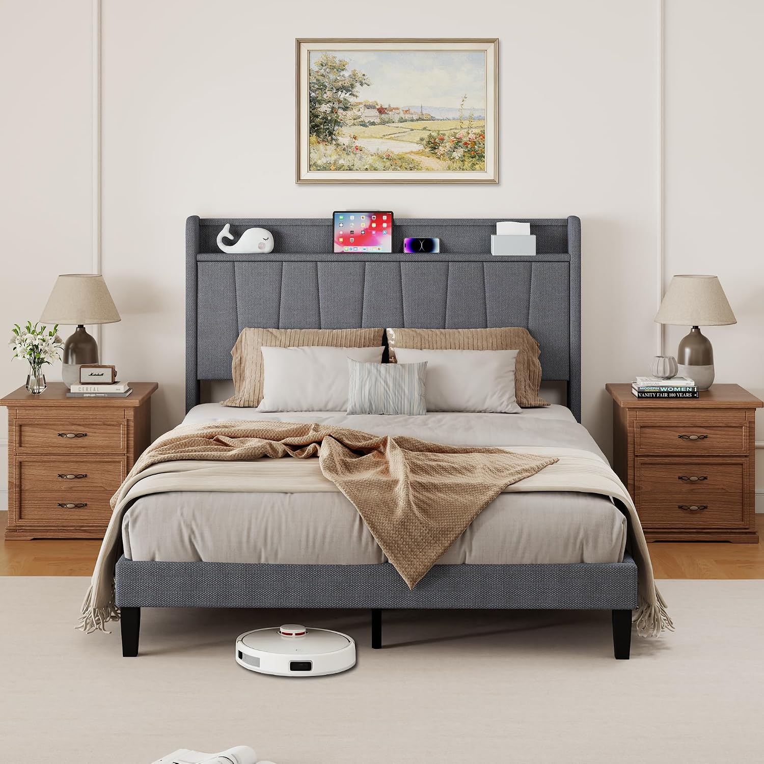 King Size Bed Frame with Headboard, Platform Bed with Upholstered Wingback Storage Headboard, Slats Support, No Box Spring Needed Beige