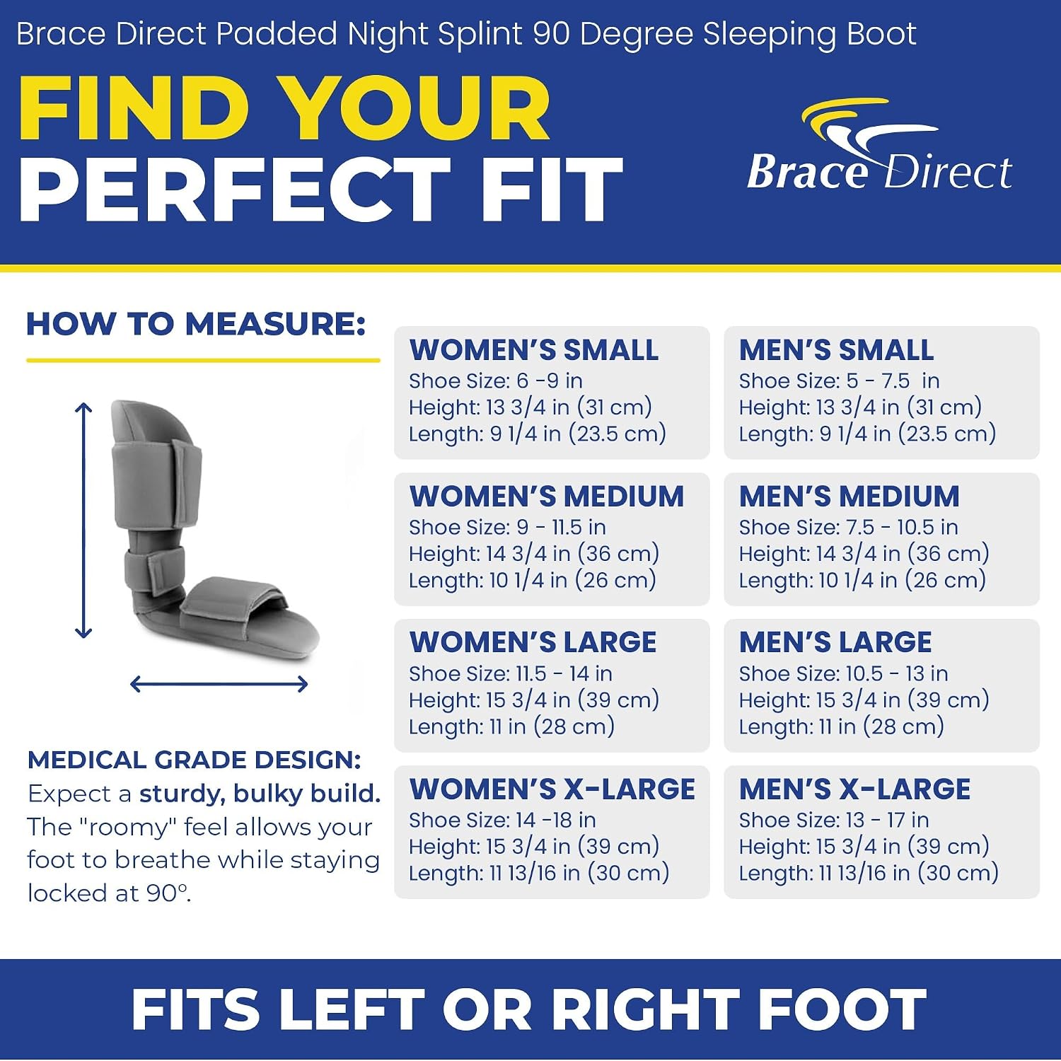 Brace Direct Padded Night Splint 90 Degree Sleeping Boot - Immobilizing Stretching Support for Plantar Fasciitis, Drop Foot, Achilles Tendonitis