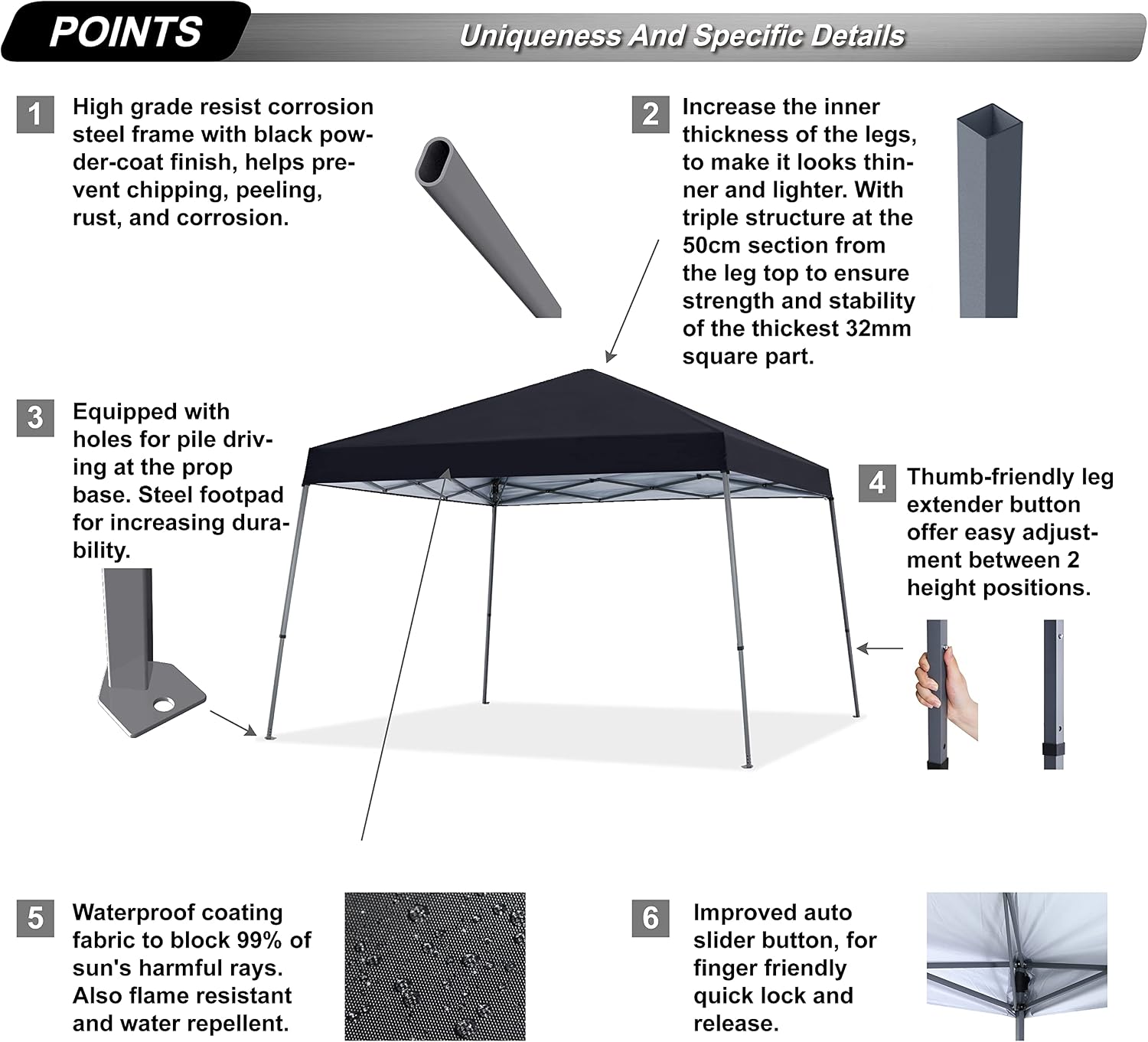 ABCCANOPY 11x11 Pop Up Canopy Tent, Stable Slant Leg Outdoor Shade, Black