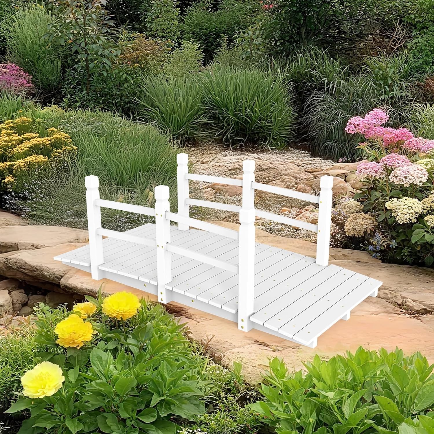 VINGLI 5 ft Garden Bridge, Classic Wooden Arch with Safety Rails Stained Finished Footbridge, Decorative Pond Landscaping, Backyard, Creek or Farm