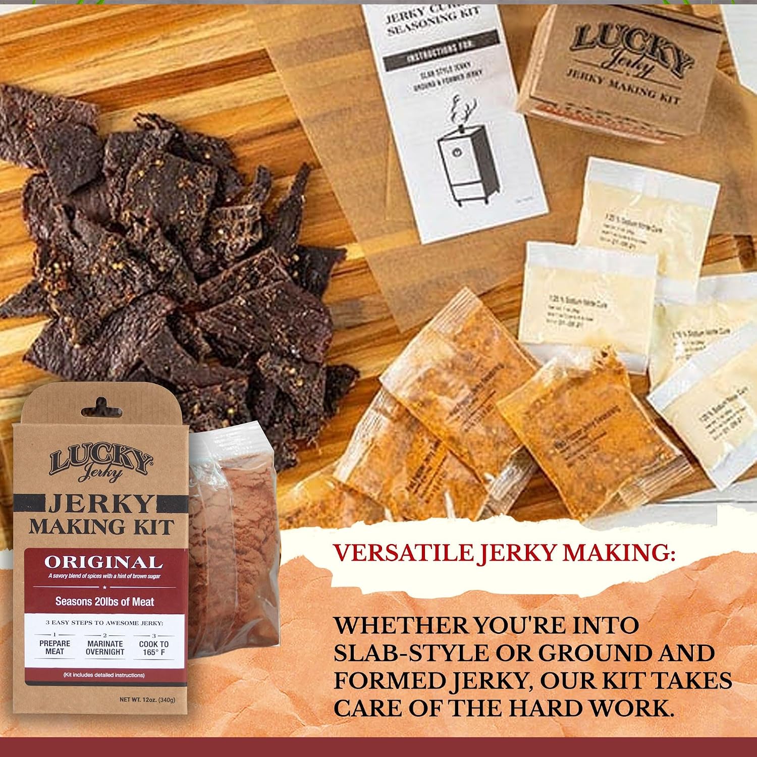Lucky Jerky Ultimate Savory DIY Beef Jerky Seasoning and Cure Kit, 12 Oz | Make Your Own with Original, BBQ, Teriyaki, and Sweet & Spicy, Seasons 5 lbs per Flavor, 20 lbs Total