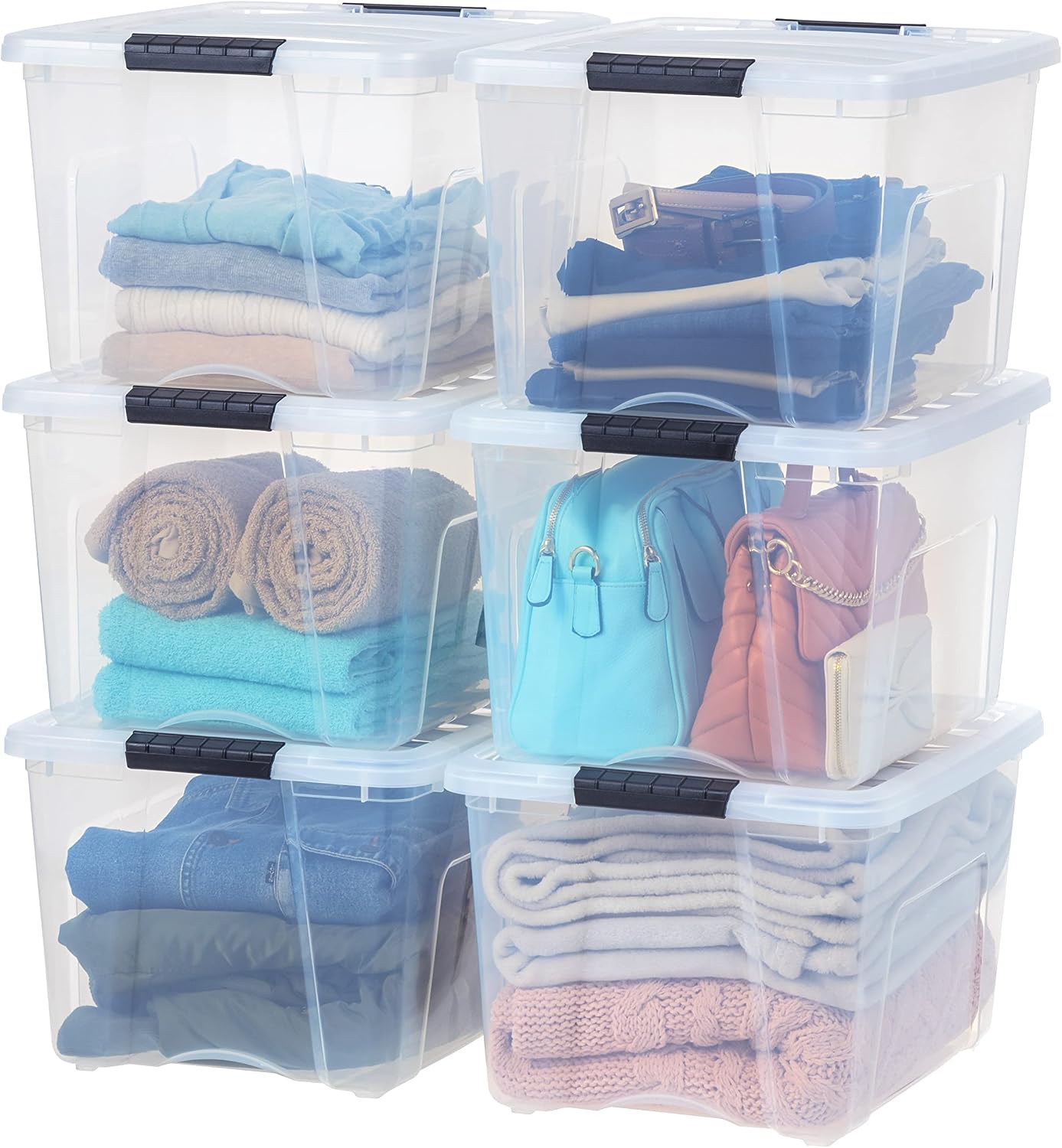 IRIS USA 6-Pack 54 Quart Storage Bins with Lids, Clear | Transparent design makes contents easy to find. Perfect for moving, blankets, clothing, and garage storage. Nestable design