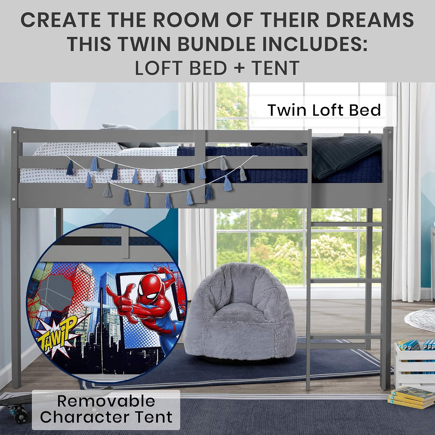 Delta Children Twin Loft Bed with Guardrail and Ladder (Coordinates with Loft Bed Tents Sold Separately), White