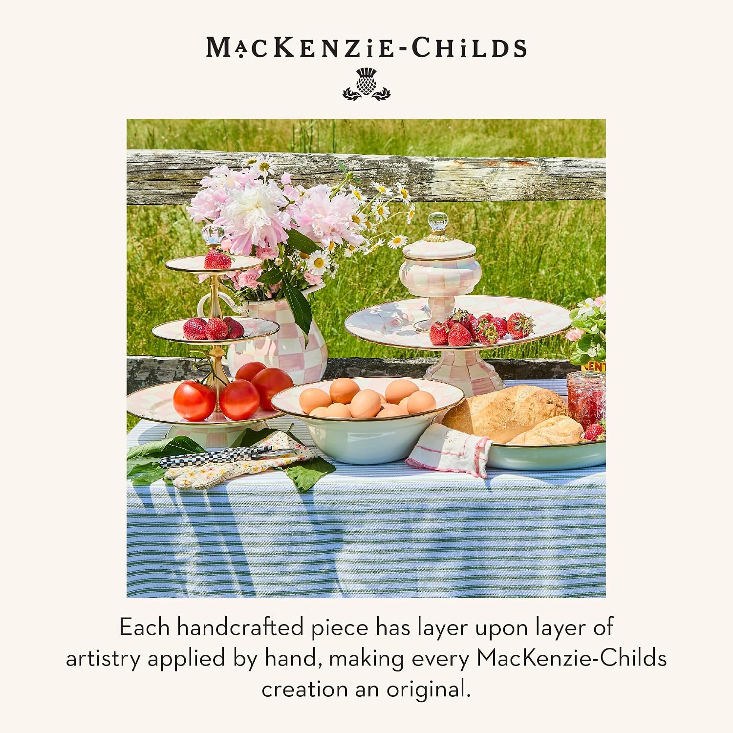 MACKENZIE-CHILDS Pedestal Platter, Mini, Black-and-White Courtly Check | Hand-painted design, made from enameled steel, stackable round cake stand for serving desserts, 8" dia. x 3" H