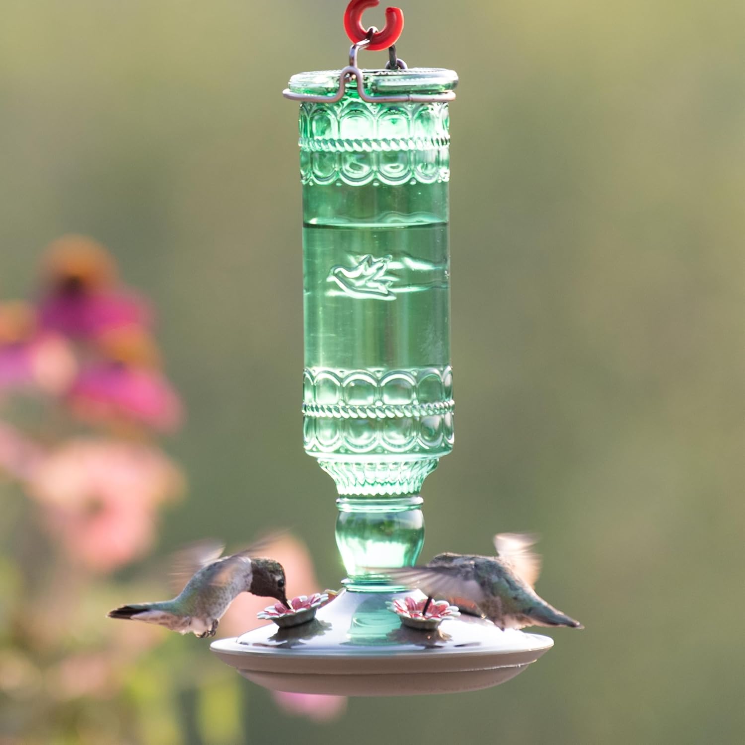 Perky-Pet Antique Glass Bottle Hummingbird Feeder, 10 oz Capacity, Green | 4 Feeding Ports for Outdoors Hanging Bird Feeders, Backyard Garden Décor