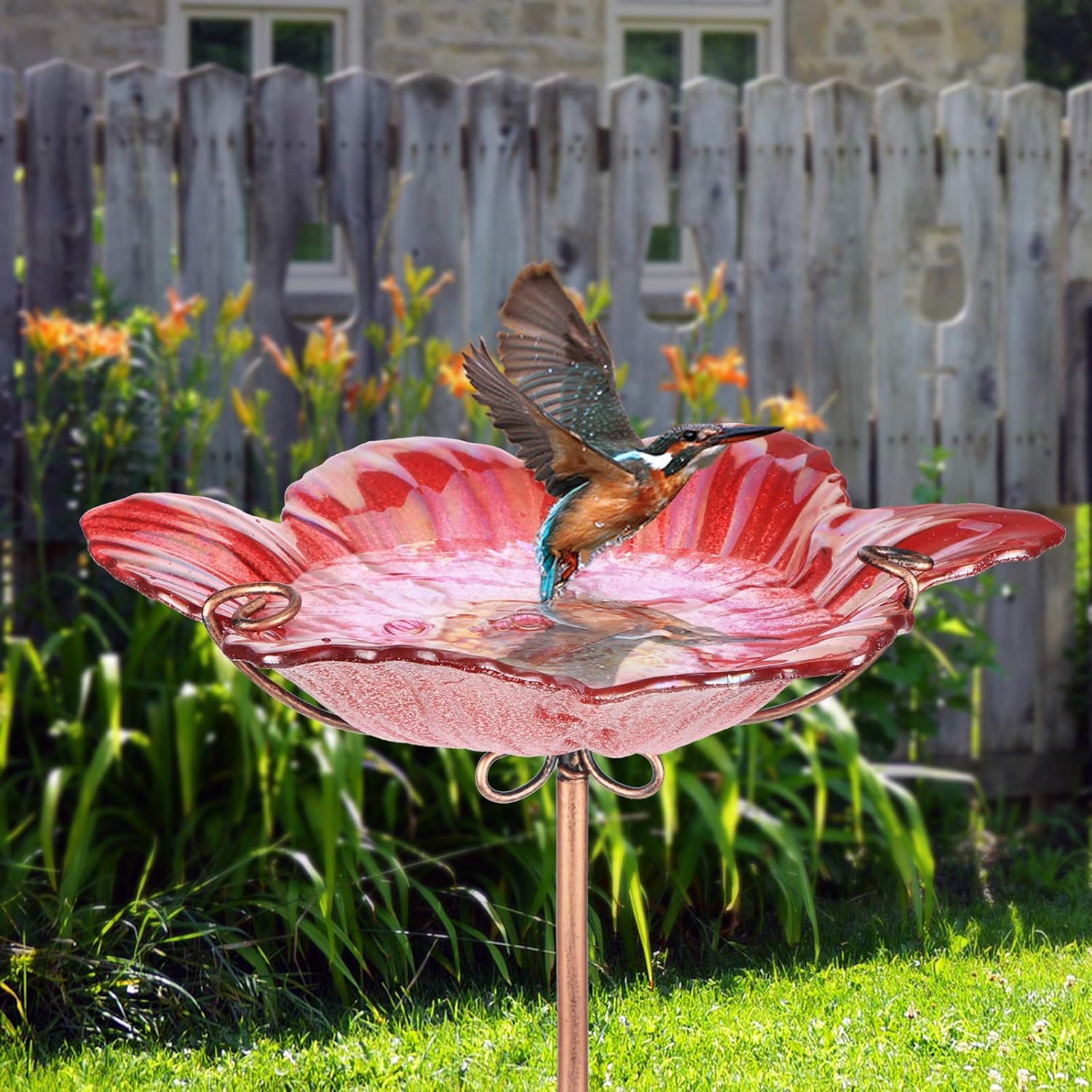 26" Glass Bird Bath, Outdoor Birdbath Bird Feeder Green Flower Metal Stake