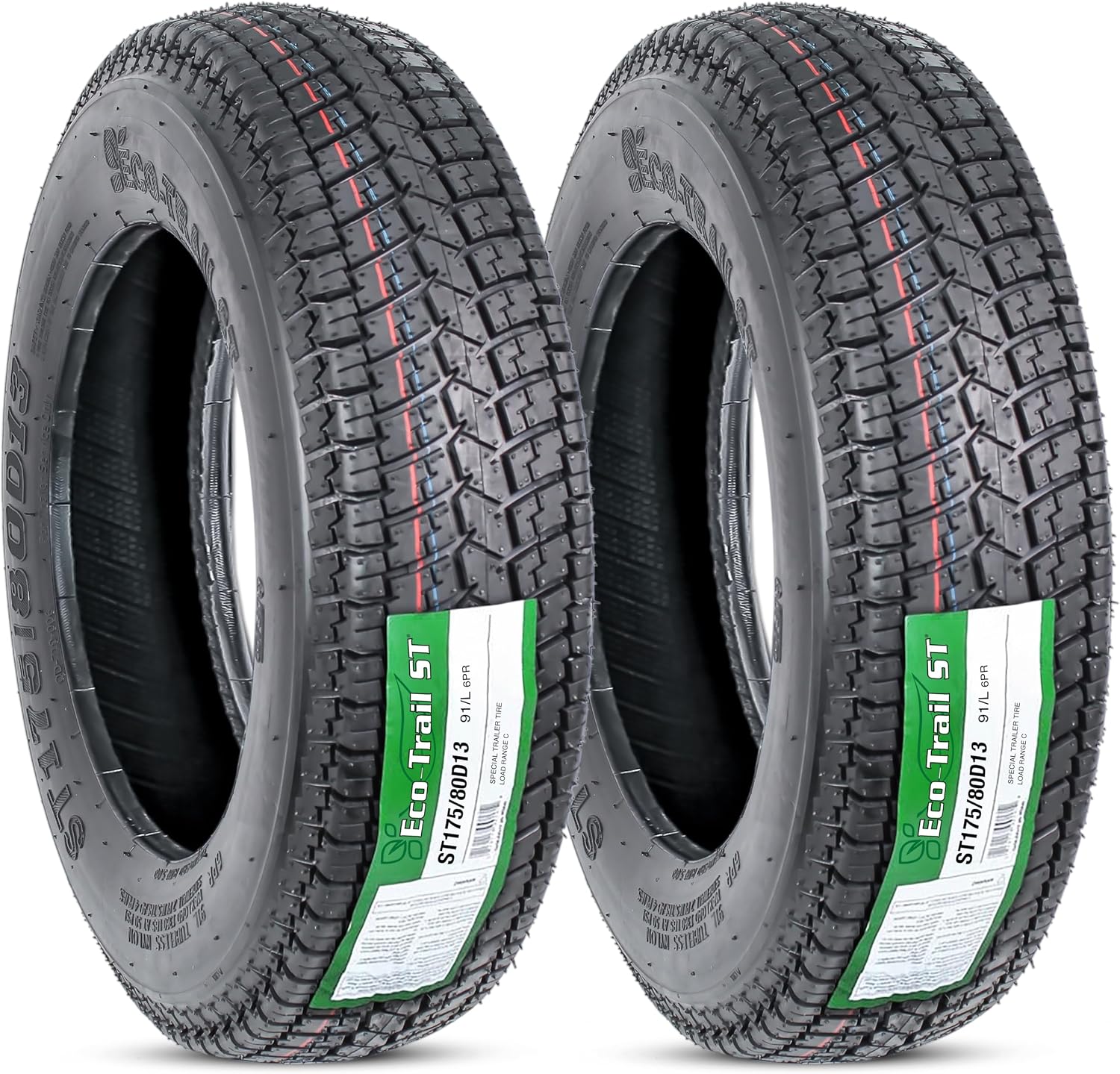 eCustomrim 2-Pack ST175/80D13 13 Inch DEEP TREAD Trailer Tire Load Range C | 6-Ply 1360 Lbs 175/80D13 175 80 13 Heavy Duty Equipment Utility Trailer