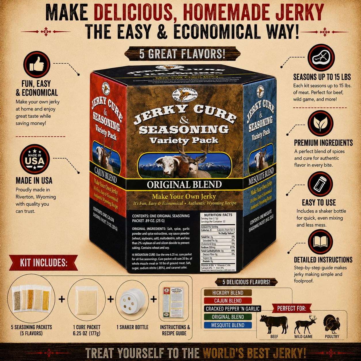 Hi Mountain BOLD & SAVORY Jerky Seasoning and Cure Kit | Variety Pack | Bold & savory flavors: Mandarin Teriyaki, Pepperoni, Sweet & Spicy, Inferno, & Pepper, Beef, Venison, Deer, Elk, Up to 20 lbs