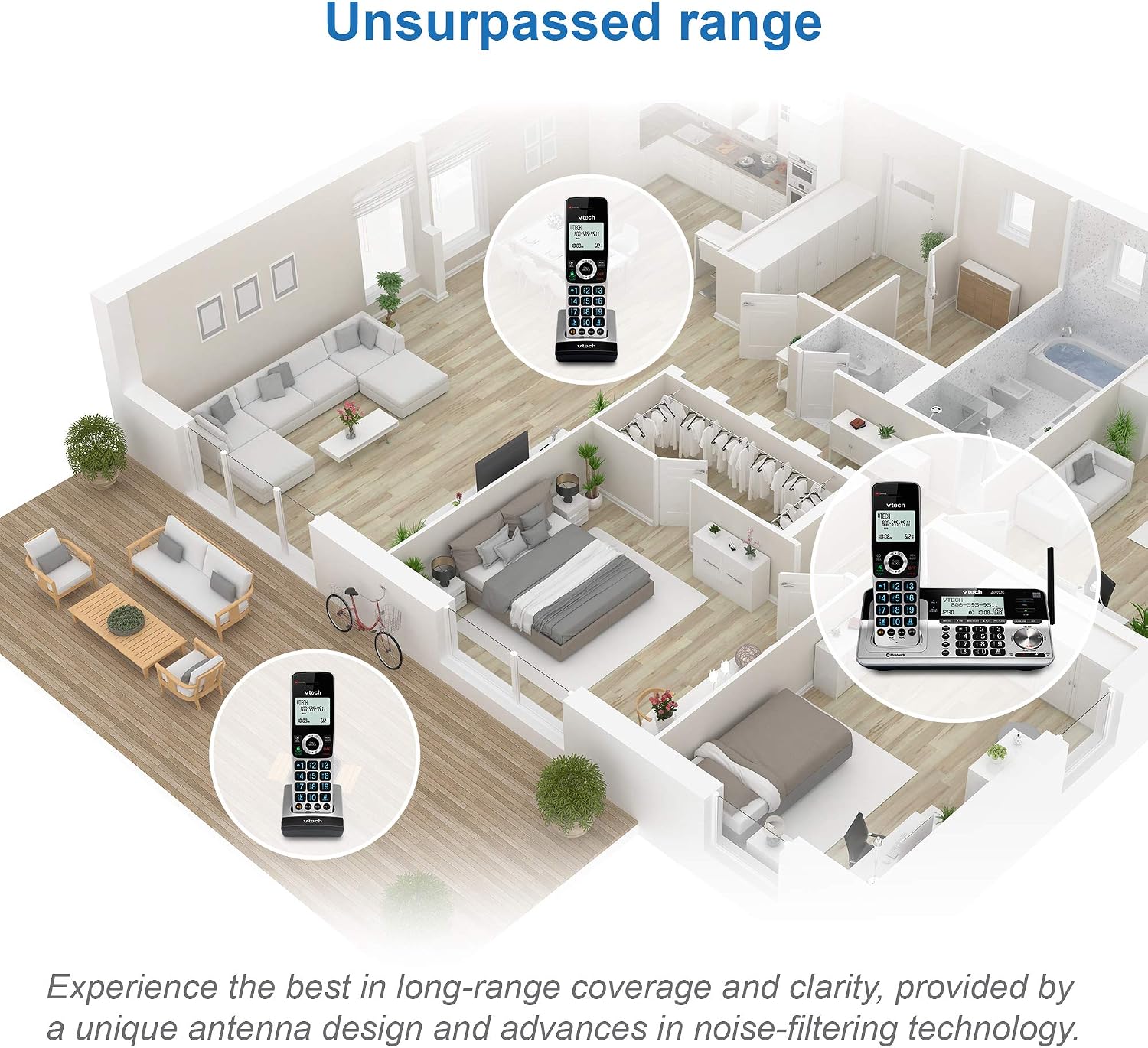 VTech VS113-5 Extended Range 5 Handset Cordless Phone for Home with Call Blocking, Connect to Cell Bluetooth, 2" Backlit Screen, Big Buttons