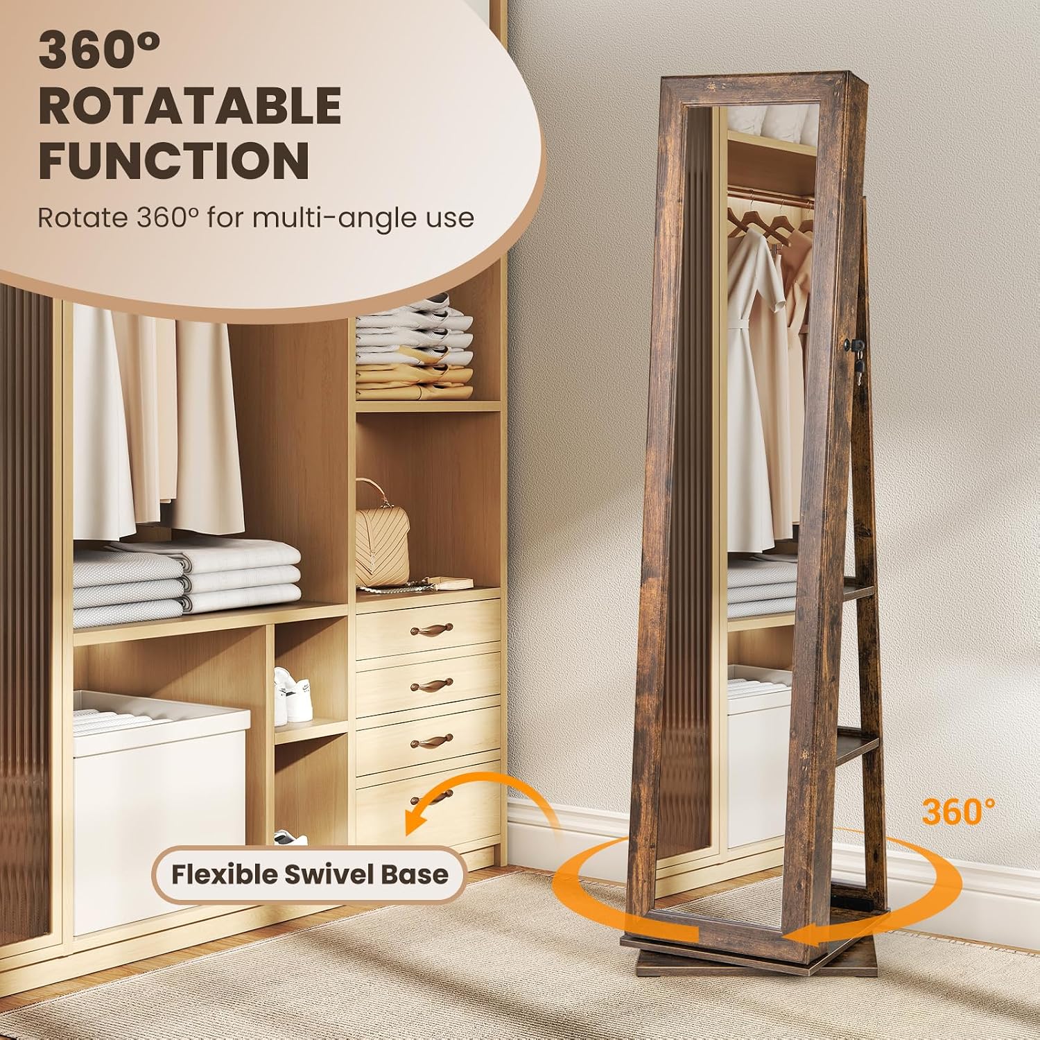 CHARMAID 360° Swivel Jewelry Armoire with Higher Full Length Mirror, Standing Lockable Jewelry Cabinet Organizer with Large Storage Capacity