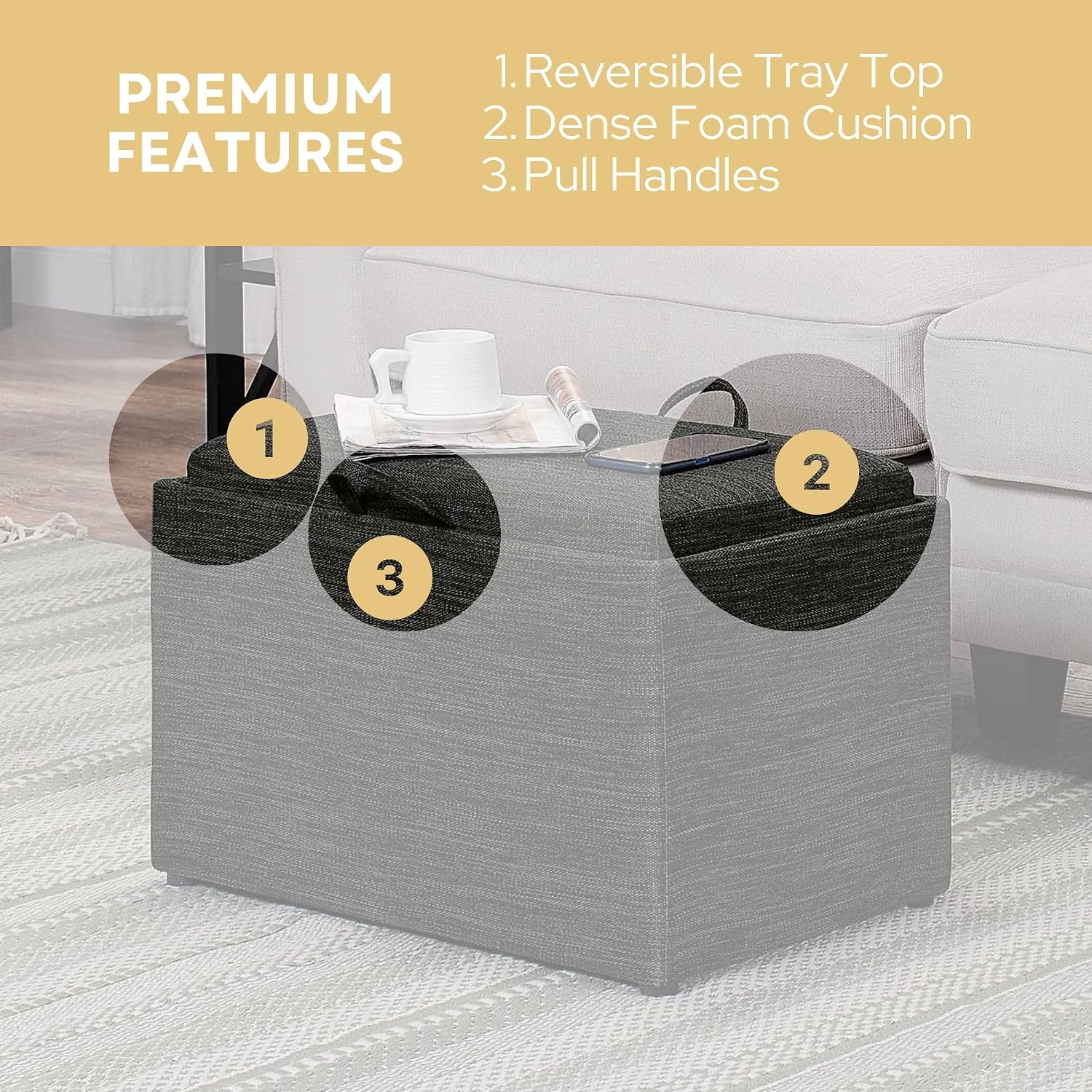 Convenience Concepts Designs4Comfort Accent Storage Ottoman 22.75" - Modern Foot Stool with Decorative Tray for Living Room, Dining Room, Office, Blue Faux Leather