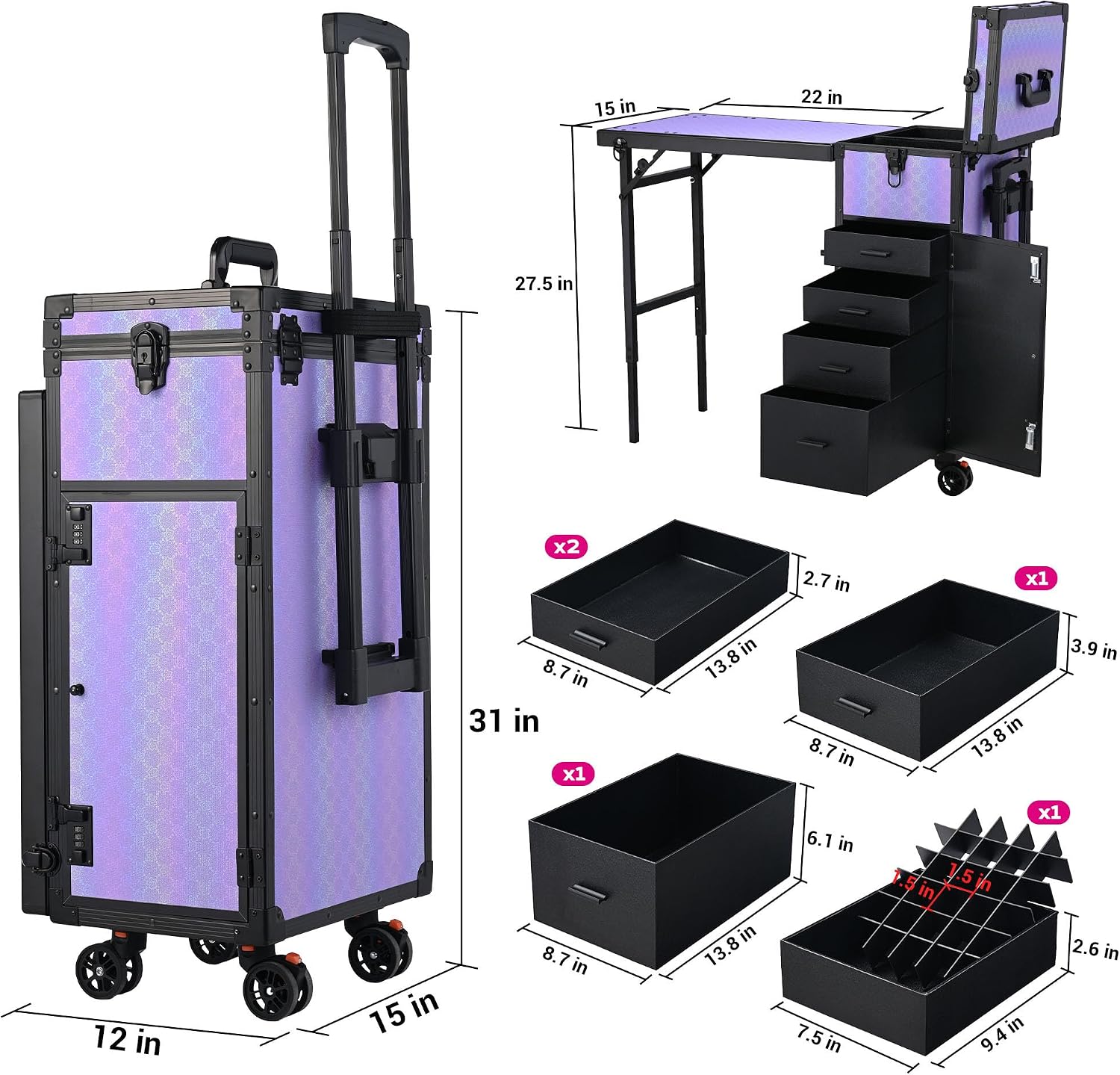 BYOOTIQUE Portable Nail Desk with 4 Storage Drawer Rolling Manicure Table