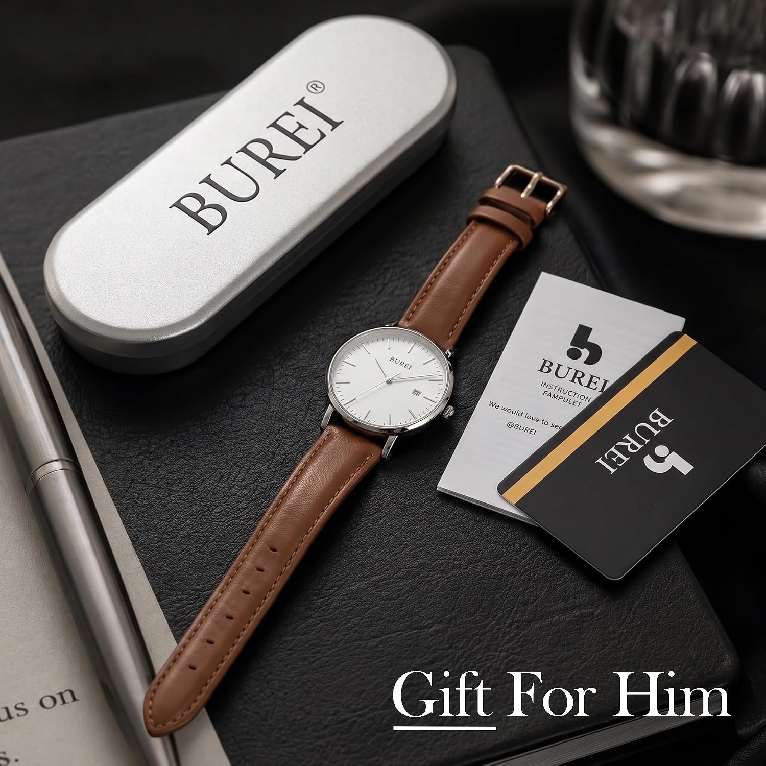 BUREI Men Wrist Watches Fashion Minimalist Thin Analog Quartz Waterproof Watches for Men, Refined Gifts for Men, Boyfriend, Husband, Dad