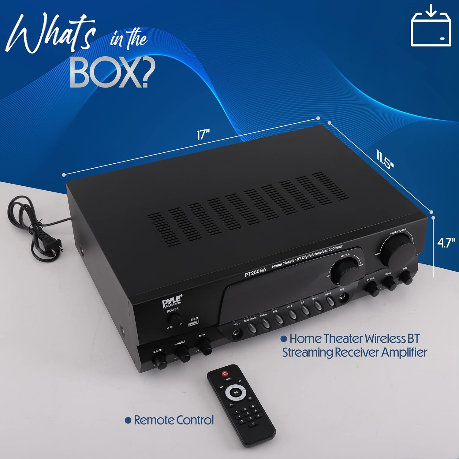 Pyle Home Stereo Amplifier with Bluetooth - 300 Watt Max 4 Channel Stereo Receiver with Easy Karaoke - Dual Mic In with EQ and Echo, USB-A and SD Card In, RCA In, RCA Out, LED Display - PT272AUBT