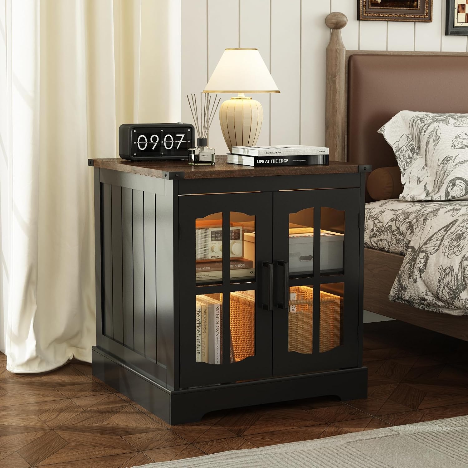 ChooChoo Farmhouse End Table with Charging Station & LED Light | Large Sofa Side Table, Rustic Square Nightstand, Glass Barn Door, Bedside Table, Storage, Living Room, Black