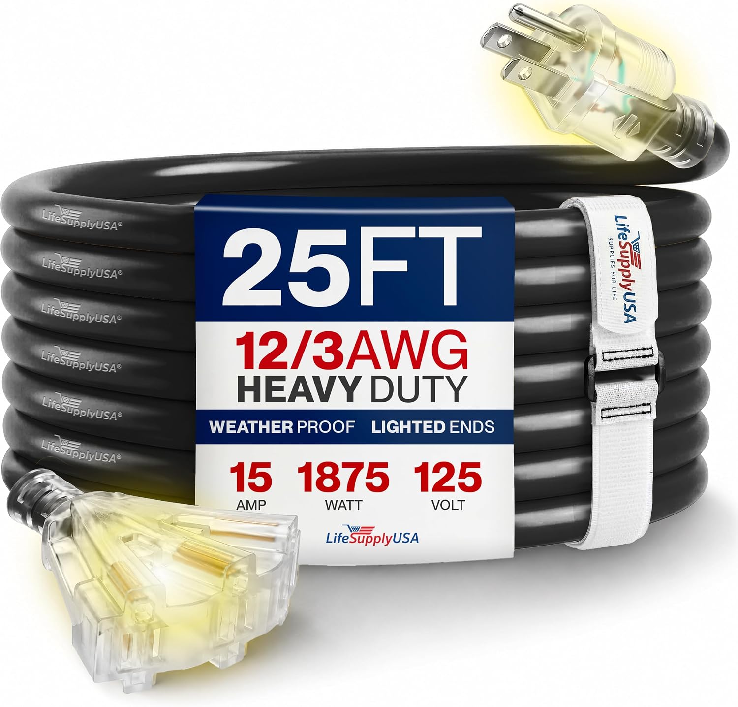 25ft Outdoor/Indoor Extension Cord 3-Outlet 12/3 Gauge Extra Heavy Duty 3 Prong SJTW, Waterproof, Flexible Cold-Resistant Long Power Cord,15A 125V 1875W, Yellow by LifeSupplyUSA
