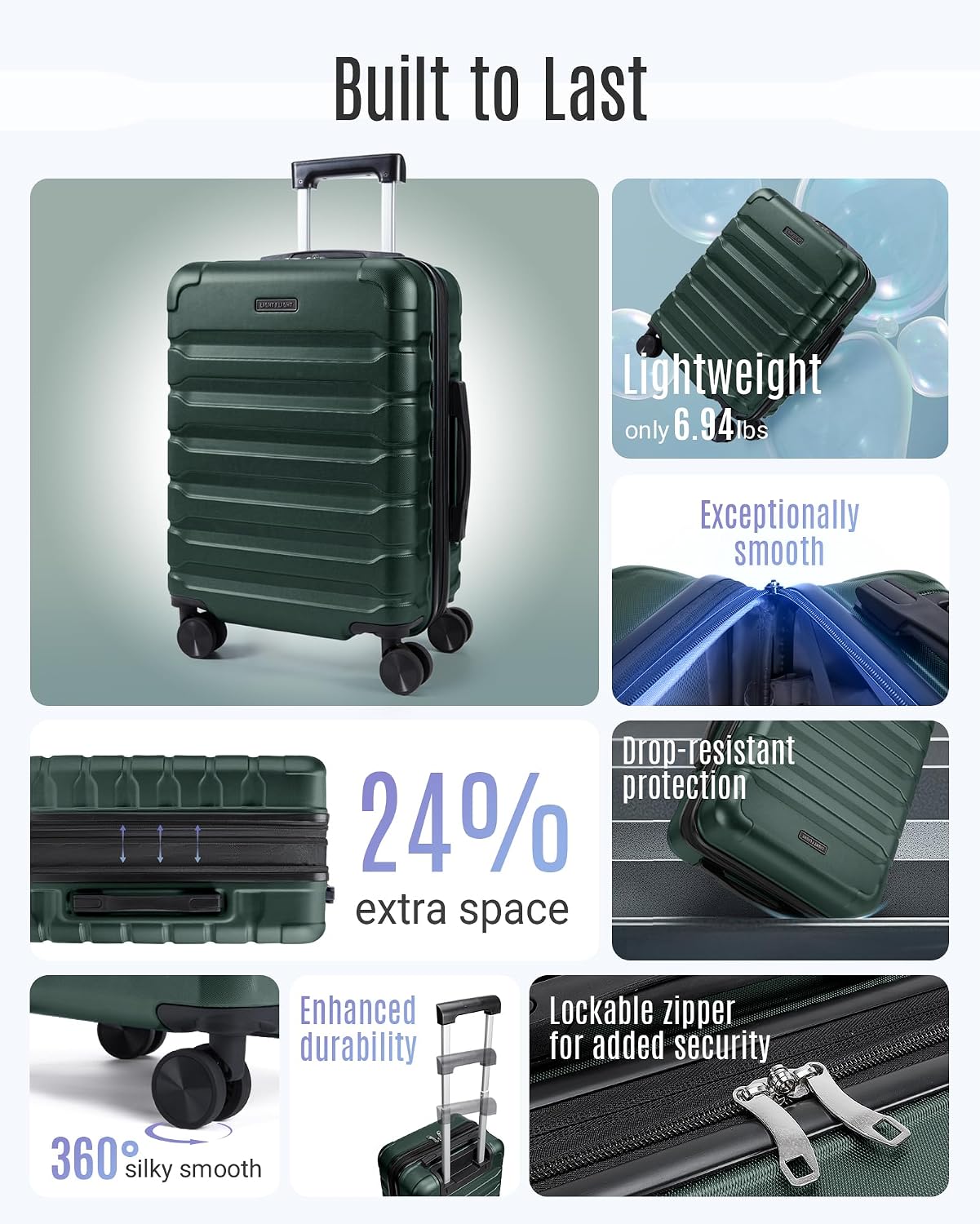 LIGHT FLIGHT Carry On Luggage, 20" Carry-On Suitcase, Deep Green | 20" Expandable Carry On Suitcases with Wheels, Lightweight Luggage, Durable Hard ShellRolling Suit Case for Men Women Travel