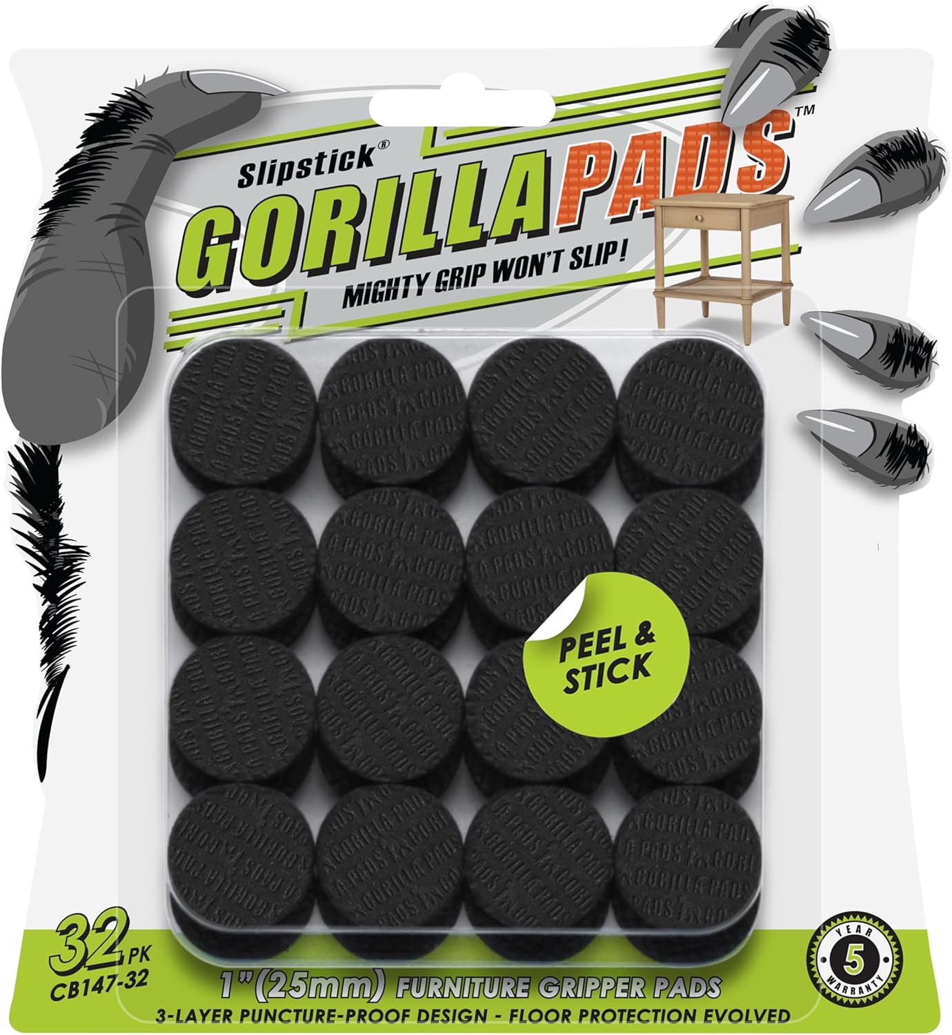 Slipstick GorillaPads CB149 Non-Slip Furniture Pads/Rubber Grippers (Set of 8) Self-Adhesive Furniture Feet Floor Protectors, 1-1/2 inch Round, Black