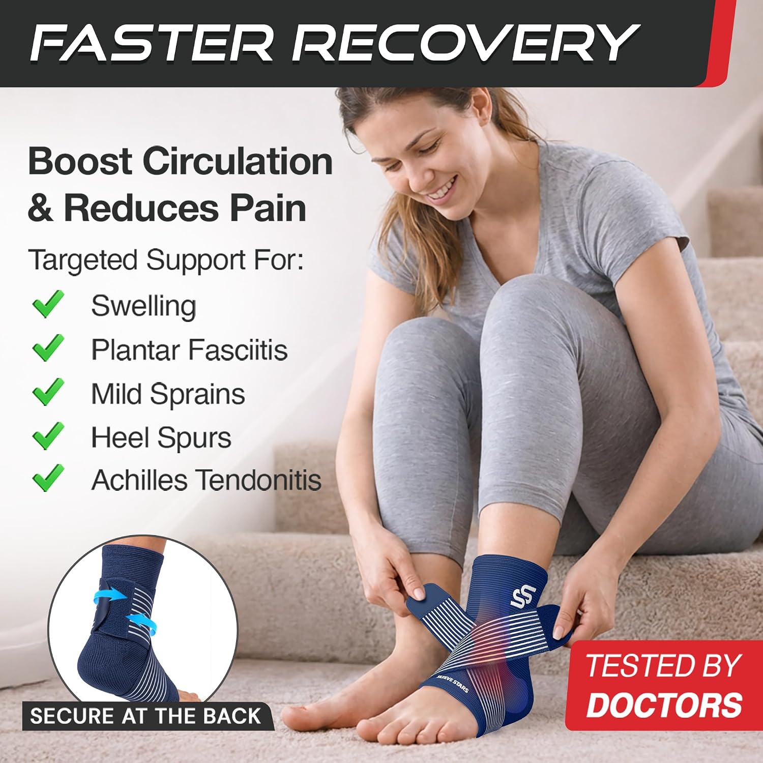 Sleeve Stars Ankle Brace for Women & Men, Ankle Wrap for Sprain, Compression Sleeve for Plantar Fasciitis Relief, Easy Customizable Support: w/ Removable Strap (Single/M:10"-12"/Black)