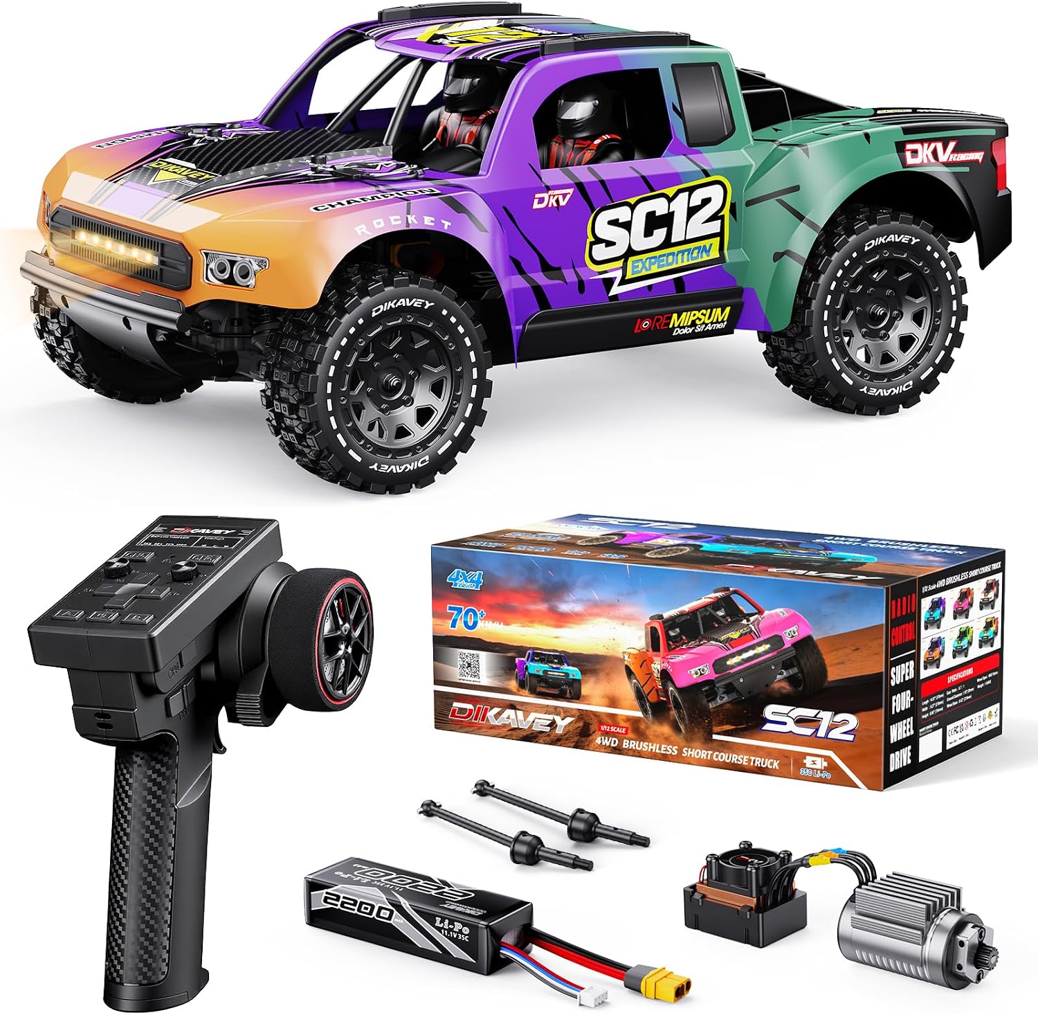 1/12 Brushless Remote Control Car RTR, 42MPH (70+Km/H 4WD Rc Short-Course Truck, Amateur-Level Rc Drift Car, Equipped with 3s 2200 Mah Battery, All-Terrain Tires, Suitable for Adults-RED