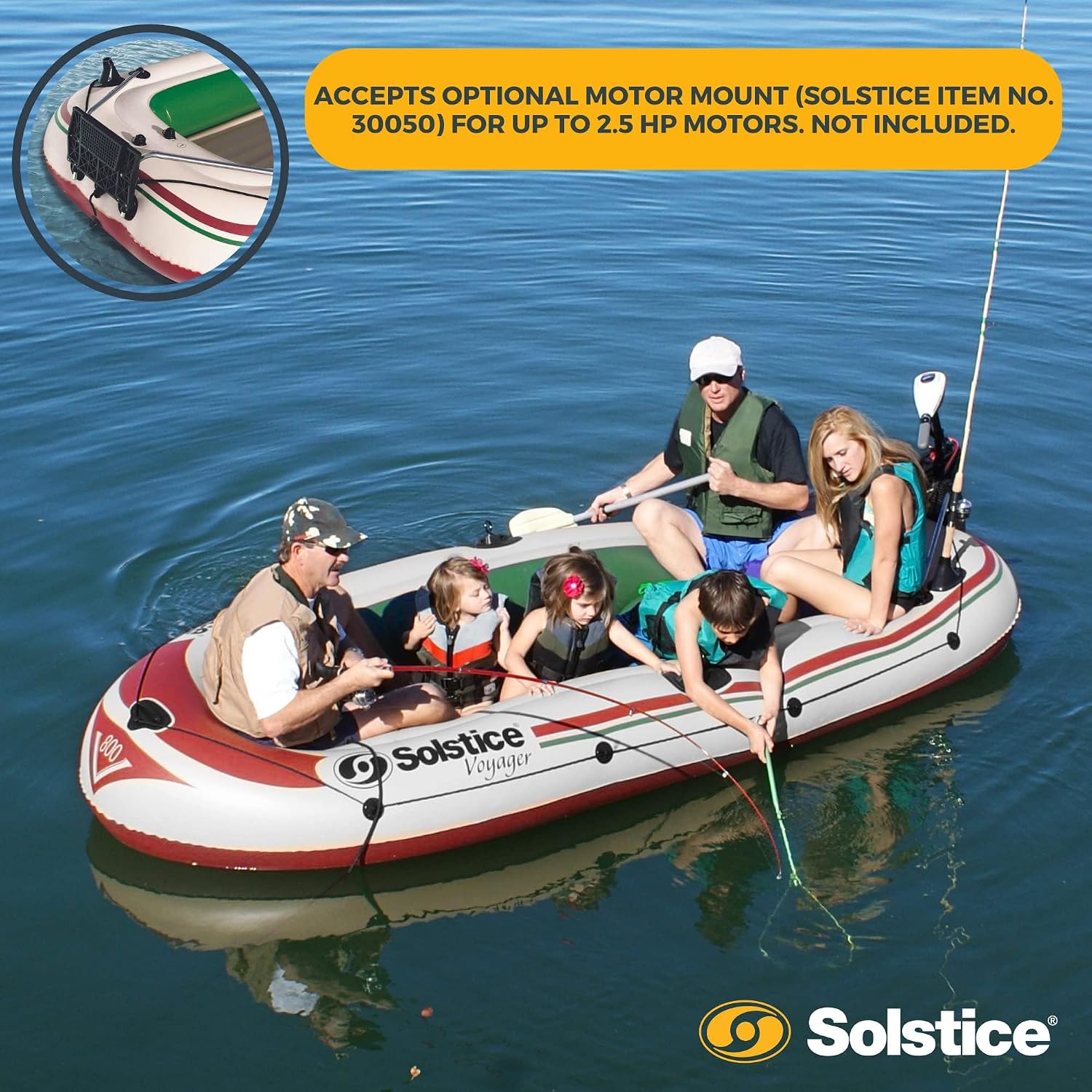 Solstice Voyager 4-Person Inflatable Fishing Boat with Dual Swivel Oar Locks and Rod -Holder, Motor Compatible 9' x 5'