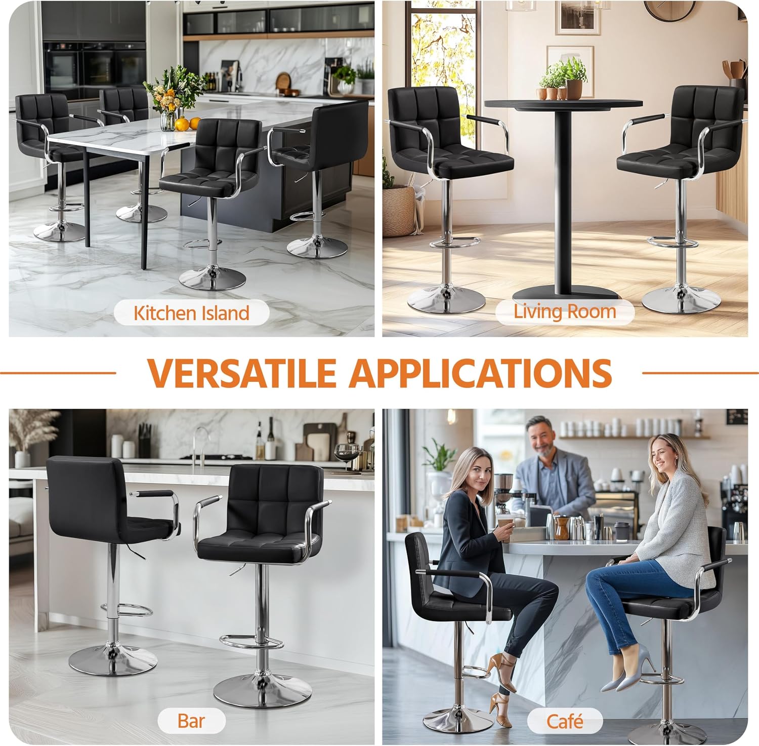 Yaheetech Bar Stools Set of 2, Swivel with Backs, Adjustable Height, White | 360° Swivel Barstools Feature Padded PU Leather Seats, Supportive Backs, 300 lb Capacity for Kitchen Islands