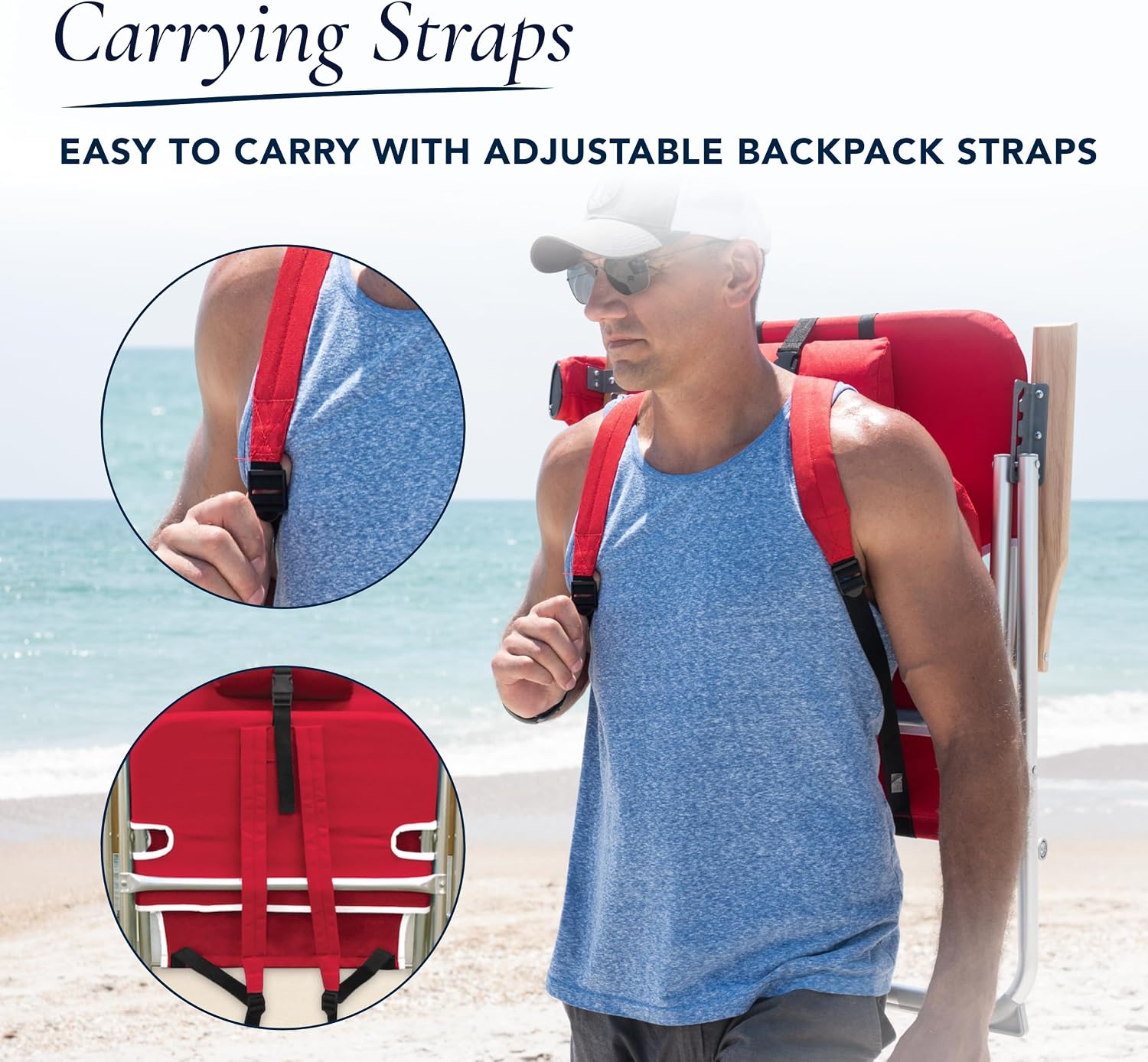 CARIBBEAN JOE Folding Beach Chair, 4 Position Portable Backpack Foldable Camping Chair with Headrest, Cup Holder, and Wooden Armrests