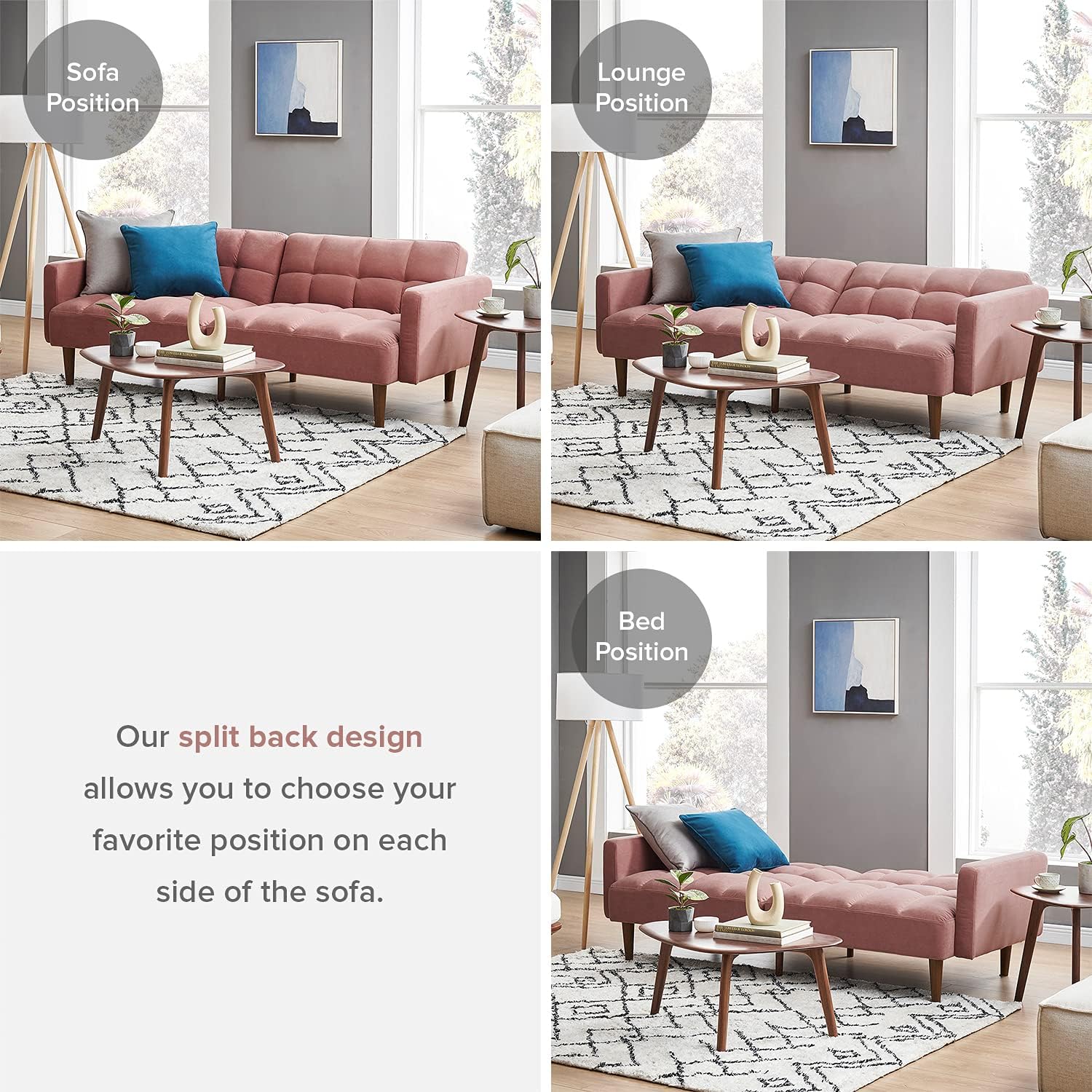 mopio 76.4" Futon Sofa Bed Chevron Styled, Sleeper Couch (Old Rosa Velvet)