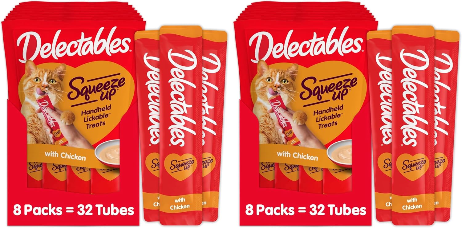 Delectables Squeeze Up Creamy Squeezable Puree, Lickable Wet Cat Treats, Grain Free, No Added Fillers, No By-Products, No Added Preservatives, 0.5 Ounces Tube Chicken Flavor, 32 Tubes Total