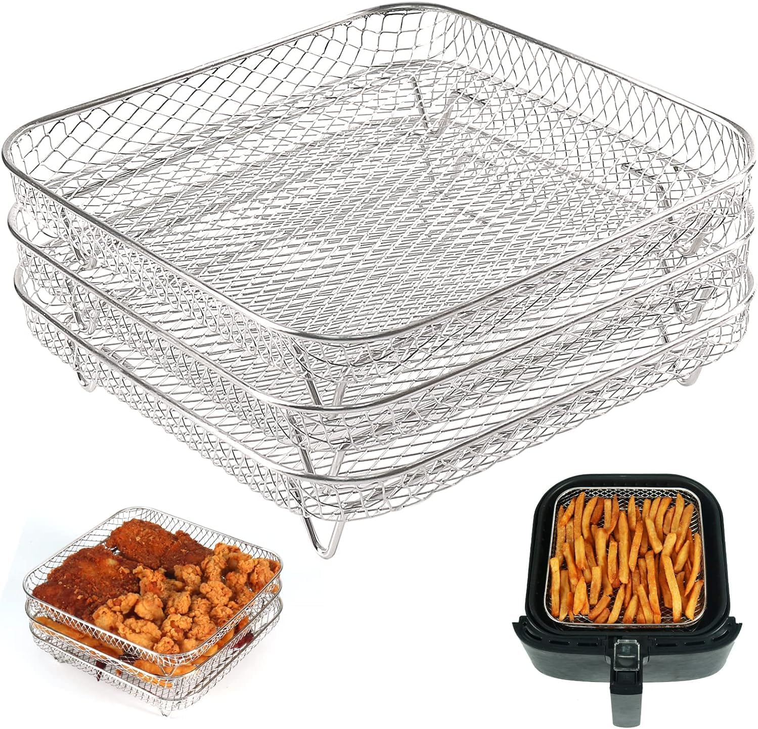 7 Inch Air Fryer Rack Compatible with Ninja Crispi/Ninja Pro 5QT/ Cosori 5QT/ Chefman 5-6QT/ Instant Pot 4Qt Vortex Air fryer &More, 3pcs Stackable Stainless Steel Air fryer Basket with 8 Silicon Feet