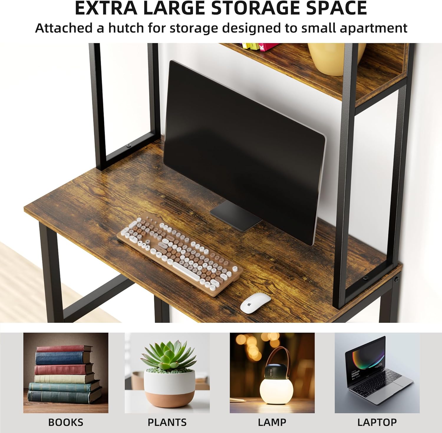 Aquzee Computer Desk with Shelves, 47" W x 23.6" D Gaming Desk with Hutch and Bookshelf