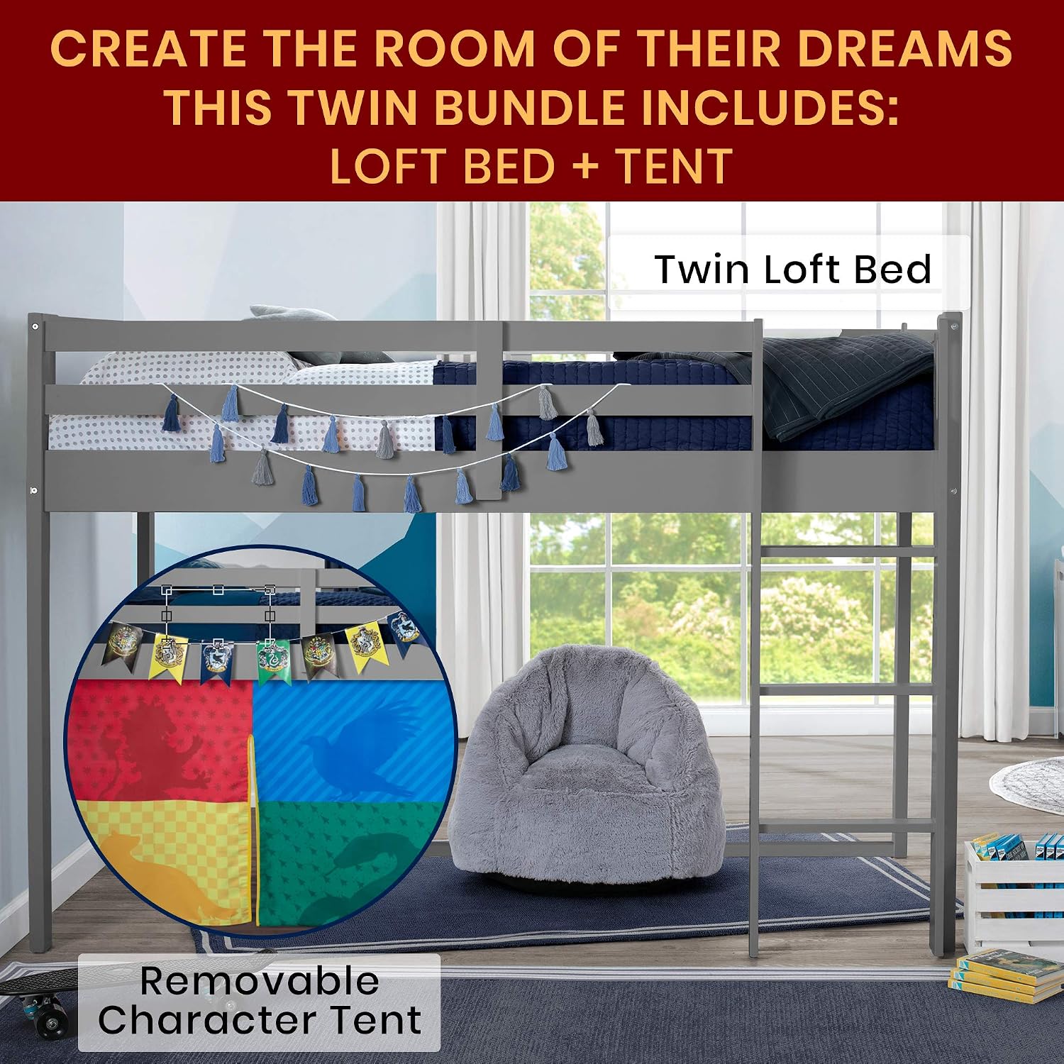 Delta Children Twin Loft Bed with Guardrail and Ladder (Coordinates with Loft Bed Tents Sold Separately), White