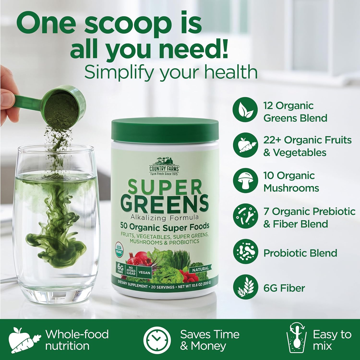 Country Farms Organic Super Greens Powder, Daily Greens Drink Mix with 50 Organic Superfoods, Fruits, Vegetables, Fiber, Mushrooms & Probiotics for Gut Health, Digestion & Energy, Berry Flavor
